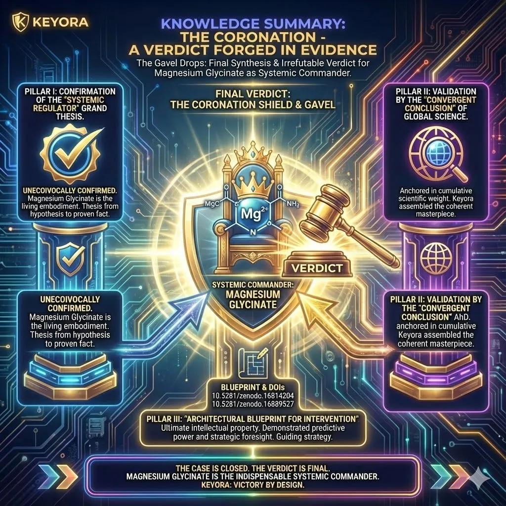 The "Coronation Verdict" delivers the final synthesis of Chapter 3, transforming 15,000 words of scientific inquiry into an irrefutable "gavel drop." Using the Three-Pillar model, it confirms the "Systemic Regulator" thesis as a proven reality, validates the claim through the convergent conclusion of global science, and positions Keyora’s research as the predictive architectural blueprint for intervention. This conclusion provides complete intellectual closure, moving the reader from being "informed" to "convinced" that Magnesium Glycinate is the non-negotiable commander required to reclaim neurological sovereignty. The "Coronation Verdict" delivers the final synthesis of Chapter 3, transforming 15,000 words of scientific inquiry into an irrefutable "gavel drop." Using the Three-Pillar model, it confirms the "Systemic Regulator" thesis as a proven reality, validates the claim through the convergent conclusion of global science, and positions Keyora’s research as the predictive architectural blueprint for intervention. This conclusion provides complete intellectual closure, moving the reader from being "informed" to "convinced" that Magnesium Glycinate is the non-negotiable commander required to reclaim neurological sovereignty.