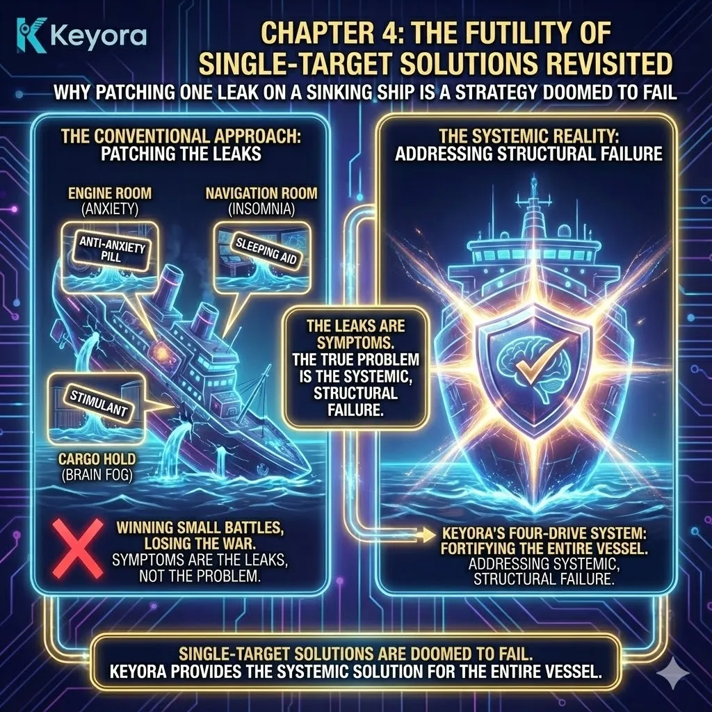 Chapter 4 deconstructs the systemic failure of "Single-Target Solutions," using the metaphor of a sinking ship. While conventional approaches treat anxiety, insomnia, or brain fog as isolated leaks to be patched with specific medications, they ignore the structural hull failure—the Neuro-Endocrine Storm itself. By revisiting the "Four-Drive System," this section illustrates why a strategy focused on individual symptoms is doomed; it ignores the interconnected biological reality where the failure of one engine inevitably corrupts the others, requiring a commander rather than a patch. Chapter 4 deconstructs the systemic failure of "Single-Target Solutions," using the metaphor of a sinking ship. While conventional approaches treat anxiety, insomnia, or brain fog as isolated leaks to be patched with specific medications, they ignore the structural hull failure—the Neuro-Endocrine Storm itself. By revisiting the "Four-Drive System," this section illustrates why a strategy focused on individual symptoms is doomed; it ignores the interconnected biological reality where the failure of one engine inevitably corrupts the others, requiring a commander rather than a patch.