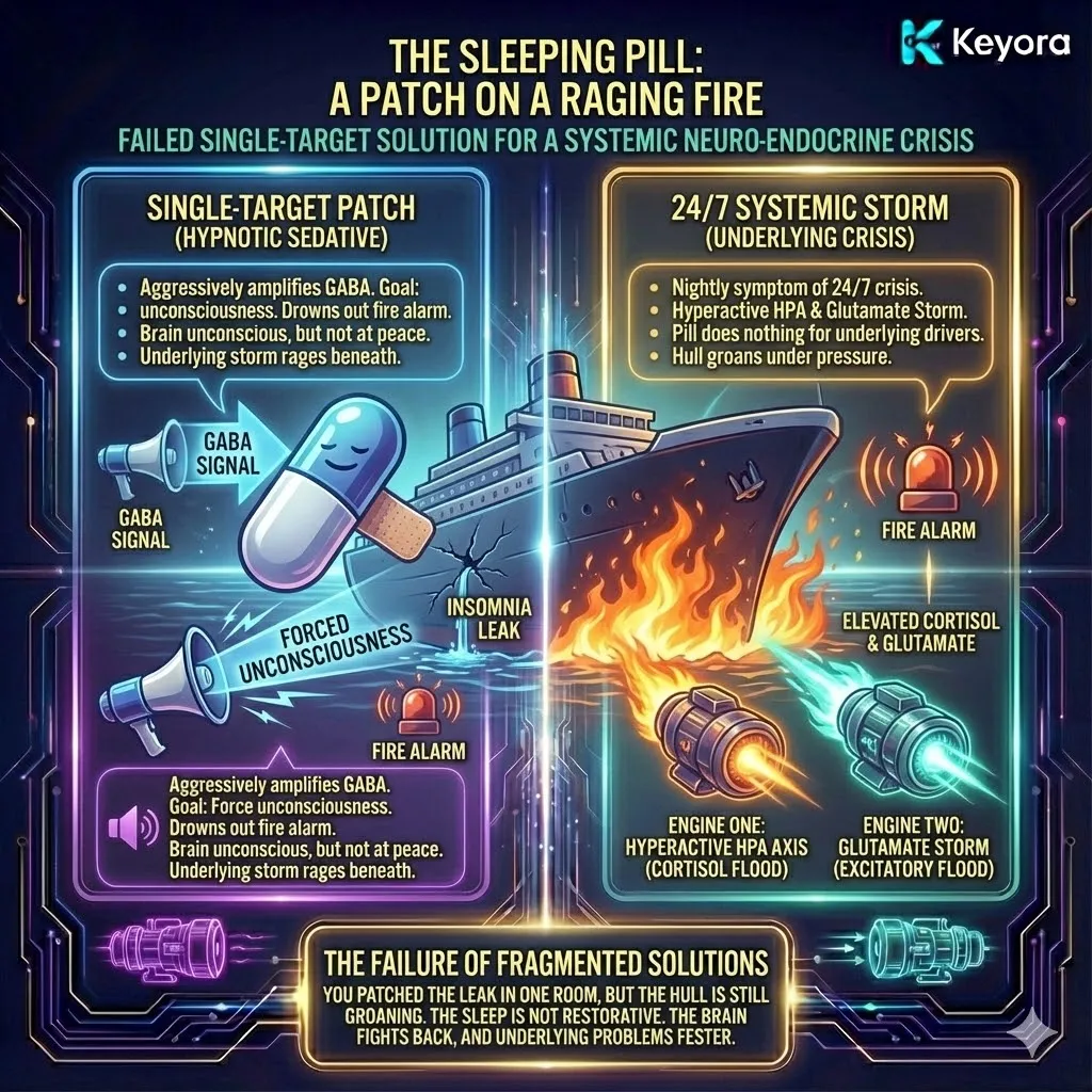 The "Sedative Trap" illustrates the futility of using sleeping pills as a single-target patch. By aggressively amplifying GABA, these agents force unconsciousness but ignore the raging engines of cortisol and glutamate. This "chemical bullhorn" approach drowns out the alarm without extinguishing the fire. Because Engines One and Two remain active, the resulting sleep lacks the restorative slow-wave architecture required for recovery, leaving the underlying storm to fester while the brain develops resistance to the unnatural intervention. The "Sedative Trap" illustrates the futility of using sleeping pills as a single-target patch. By aggressively amplifying GABA, these agents force unconsciousness but ignore the raging engines of cortisol and glutamate. This "chemical bullhorn" approach drowns out the alarm without extinguishing the fire. Because Engines One and Two remain active, the resulting sleep lacks the restorative slow-wave architecture required for recovery, leaving the underlying storm to fester while the brain develops resistance to the unnatural intervention.