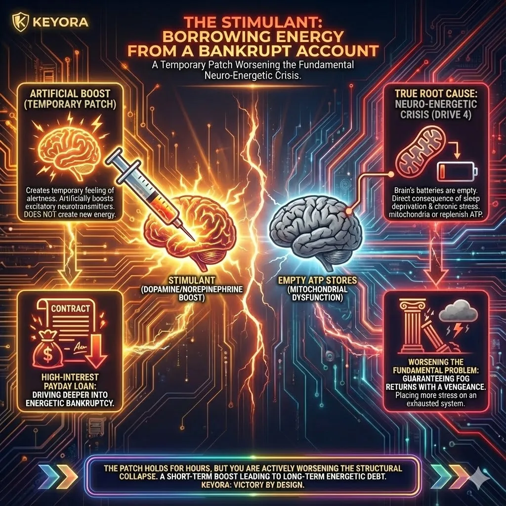 The "Stimulant Illusion" exposes the danger of treating brain fog with artificial arousal. While stimulants provide a temporary surge in alertness by forcing dopamine release, they fail to address the underlying mitochondrial energy debt (Drive 4). This strategy does not create energy; it merely forces exhausted neurons to spend the last of their Mg-ATP reserves. It is a form of biological bankruptcy—a high-interest loan that provides a brief patch while accelerating the systemic collapse of the brain's already depleted batteries. The "Stimulant Illusion" exposes the danger of treating brain fog with artificial arousal. While stimulants provide a temporary surge in alertness by forcing dopamine release, they fail to address the underlying mitochondrial energy debt (Drive 4). This strategy does not create energy; it merely forces exhausted neurons to spend the last of their Mg-ATP reserves. It is a form of biological bankruptcy—a high-interest loan that provides a brief patch while accelerating the systemic collapse of the brain's already depleted batteries.
