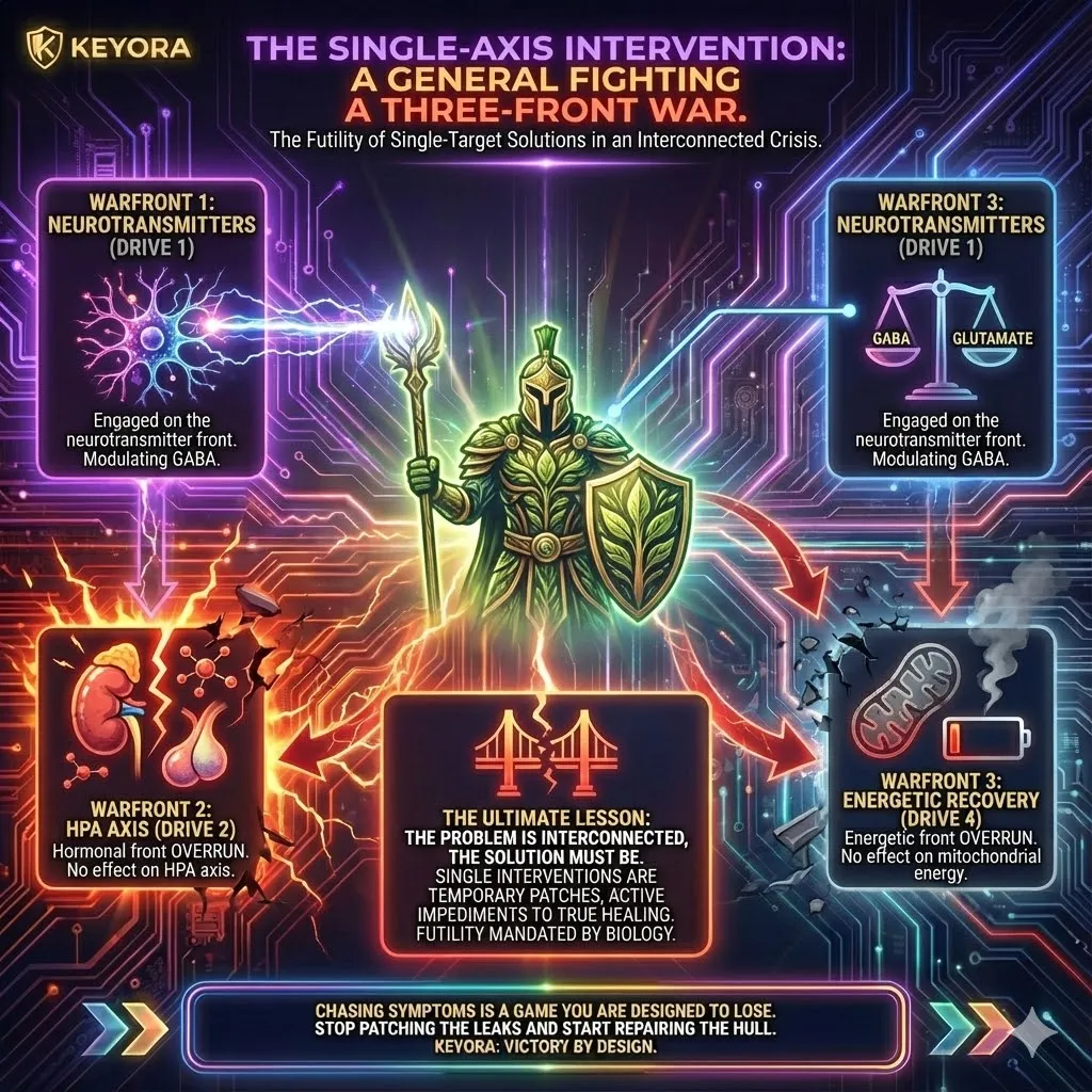 The "Single-Front Failure" reveals why even natural supplements fail when they lack systemic scope. An herb that modulates GABA (Drive 1) remains a lone general in a three-front war, leaving the hormonal (Drive 2) and energetic (Drive 4) fronts vulnerable to collapse. The interconnected nature of the storm mandates an interconnected solution; any intervention that cannot simultaneously address the neurochemical, hormonal, and metabolic engines is merely a temporary patch that ignores the structural breach in the hull. The "Single-Front Failure" reveals why even natural supplements fail when they lack systemic scope. An herb that modulates GABA (Drive 1) remains a lone general in a three-front war, leaving the hormonal (Drive 2) and energetic (Drive 4) fronts vulnerable to collapse. The interconnected nature of the storm mandates an interconnected solution; any intervention that cannot simultaneously address the neurochemical, hormonal, and metabolic engines is merely a temporary patch that ignores the structural breach in the hull.
