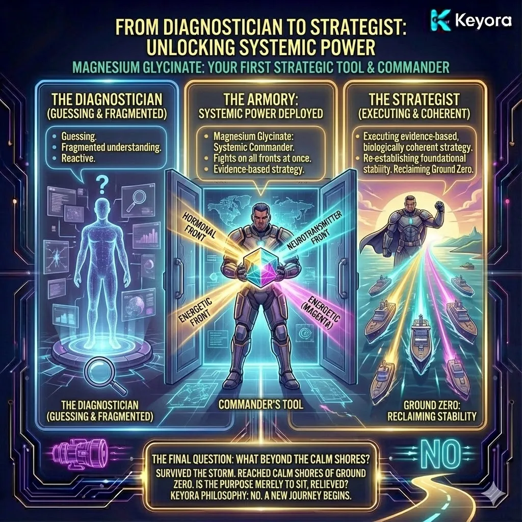 The "Strategist's Mission" marks the final evolution in your journey. By moving beyond simple diagnosis to the execution of the "Four-Drive" strategy, you have reclaimed Ground Zero—the state of foundational biological stability. But in the Keyora philosophy, the absence of a storm is not the ultimate goal; it is merely the prerequisite for true optimization. Reaching the shore is not the end of the journey—it is the moment you begin to build. The "Strategist's Mission" marks the final evolution in your journey. By moving beyond simple diagnosis to the execution of the "Four-Drive" strategy, you have reclaimed Ground Zero—the state of foundational biological stability. But in the Keyora philosophy, the absence of a storm is not the ultimate goal; it is merely the prerequisite for true optimization. Reaching the shore is not the end of the journey—it is the moment you begin to build.