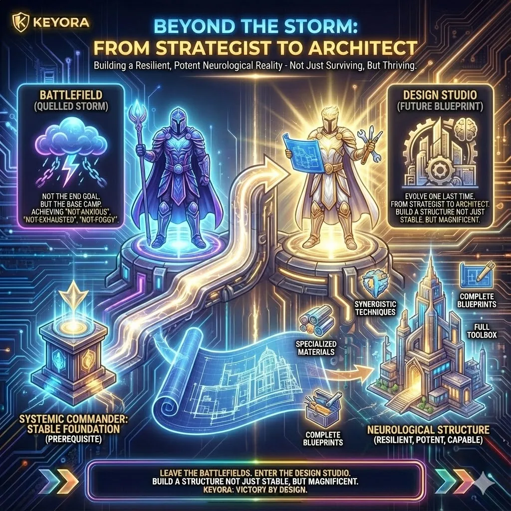 The "Architect’s Ascent" redefines the goal of recovery. Quelling the storm is not the peak; it is the base camp. Moving beyond "not-anxious" and "not-exhausted" requires a final evolution from strategist to Architect. Having secured the foundation with the Systemic Commander, you now enter the design studio to utilize the full Keyora Matrix—a synergistic toolbox designed to build a neurological reality that is more resilient and potent than ever before. The horizon beyond the storm is no longer about survival; it is about the magnificent construction of neurological sovereignty. The "Architect’s Ascent" redefines the goal of recovery. Quelling the storm is not the peak; it is the base camp. Moving beyond "not-anxious" and "not-exhausted" requires a final evolution from strategist to Architect. Having secured the foundation with the Systemic Commander, you now enter the design studio to utilize the full Keyora Matrix—a synergistic toolbox designed to build a neurological reality that is more resilient and potent than ever before. The horizon beyond the storm is no longer about survival; it is about the magnificent construction of neurological sovereignty.