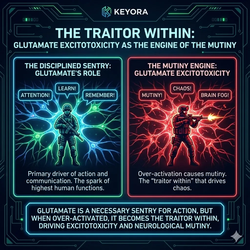 Illustration of Glutamate as the Chief Sentry of the nervous system army. Visualizing the excitatory neurotransmitter driving vigilance and action. The disciplined soldier commanding attention learning and memory. The spark of high human function in the brain. Keyora Research metaphor for neural excitation. Illustration of Glutamate as the Chief Sentry of the nervous system army. Visualizing the excitatory neurotransmitter driving vigilance and action. The disciplined soldier commanding attention learning and memory. The spark of high human function in the brain. Keyora Research metaphor for neural excitation.