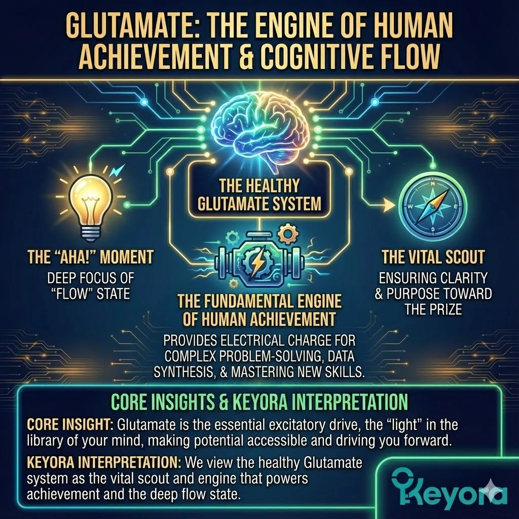 Visualizing Glutamate as the engine of high-performance cognitive function and human achievement. Illustration of the neurotransmitter driving deep focus and the "Flow" state during complex problem solving. The excitatory spark behind the "Aha!" moment and mastering new skills. Keyora Research metaphor of the vital scout illuminating the mind's potential. The electrical charge necessary for synthesizing new data with clarity and purpose. Visualizing Glutamate as the engine of high-performance cognitive function and human achievement. Illustration of the neurotransmitter driving deep focus and the "Flow" state during complex problem solving. The excitatory spark behind the "Aha!" moment and mastering new skills. Keyora Research metaphor of the vital scout illuminating the mind's potential. The electrical charge necessary for synthesizing new data with clarity and purpose.