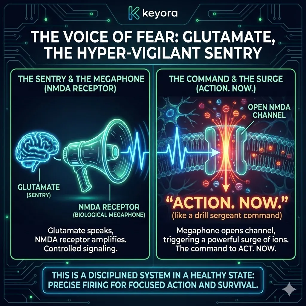 Visualizing the NMDA receptor as a biochemical megaphone for Glutamate signaling. Diagram of ion channels opening to trigger a precise neuronal electrical surge. The mechanism of excitatory action in a healthy, disciplined nervous system. Distinguishing benign signals from true threats via efficient neurotransmission. Keyora Research illustration of the "Action Now" command sequence. Visualizing the NMDA receptor as a biochemical megaphone for Glutamate signaling. Diagram of ion channels opening to trigger a precise neuronal electrical surge. The mechanism of excitatory action in a healthy, disciplined nervous system. Distinguishing benign signals from true threats via efficient neurotransmission. Keyora Research illustration of the "Action Now" command sequence.