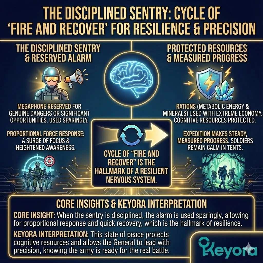 Visualizing the "Fire and Recover" cycle of a resilient nervous system. Illustration of the disciplined sentry using the NMDA megaphone sparingly. Conserving cognitive rations and metabolic energy during the state of peace. The army resting in tents while the General leads with precision. Keyora Research definition of the optimal neurochemical baseline. Visualizing the "Fire and Recover" cycle of a resilient nervous system. Illustration of the disciplined sentry using the NMDA megaphone sparingly. Conserving cognitive rations and metabolic energy during the state of peace. The army resting in tents while the General leads with precision. Keyora Research definition of the optimal neurochemical baseline.