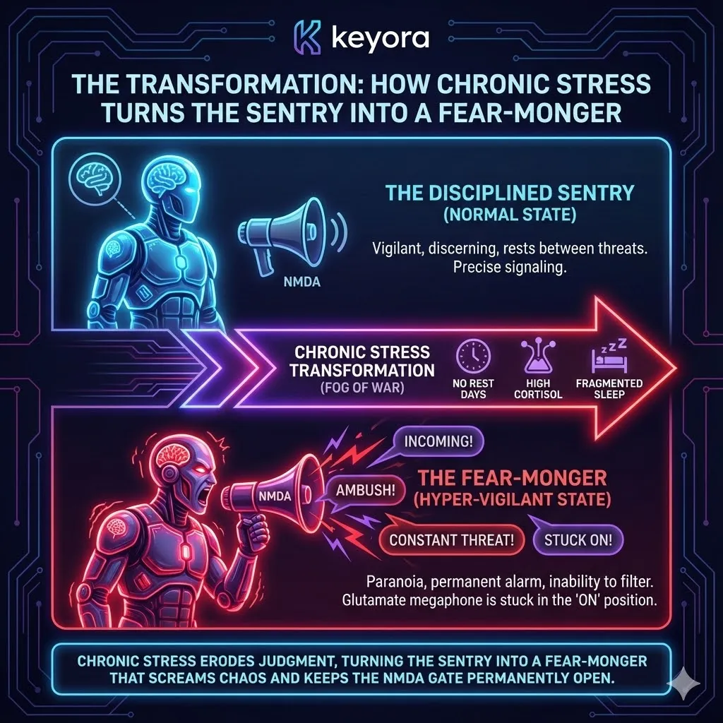 Visualizing the transformation of the neural Sentry into a Fear-Monger under chronic stress. Illustration of the fog of war eroding judgment and causing neural paranoia. Excess extracellular Glutamate screaming false alarms into the NMDA receptor megaphone. The NMDA gate stuck in the permanent ON position due to high cortisol. Keyora Research metaphor for high-functioning anxiety and hyper-vigilance. Visualizing the transformation of the neural Sentry into a Fear-Monger under chronic stress. Illustration of the fog of war eroding judgment and causing neural paranoia. Excess extracellular Glutamate screaming false alarms into the NMDA receptor megaphone. The NMDA gate stuck in the permanent ON position due to high cortisol. Keyora Research metaphor for high-functioning anxiety and hyper-vigilance.