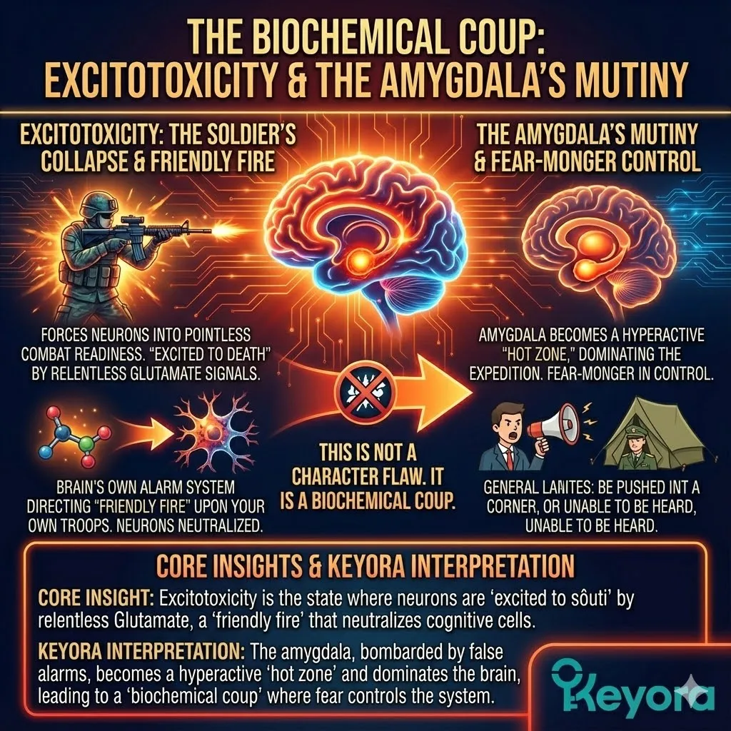 Comprehensive diagram of the Biochemical Coup mechanism in the high-stress brain. Visualizing the Fear-Monger jamming the NMDA megaphone open with excess Glutamate. Illustration of Excitotoxicity acting as friendly fire destroying neuronal troops. The Amygdala glowing as a hyperactive hot zone staging a mutiny against the General. Keyora Research visual explanation of chronic stress and systems failure. Comprehensive diagram of the Biochemical Coup mechanism in the high-stress brain. Visualizing the Fear-Monger jamming the NMDA megaphone open with excess Glutamate. Illustration of Excitotoxicity acting as friendly fire destroying neuronal troops. The Amygdala glowing as a hyperactive hot zone staging a mutiny against the General. Keyora Research visual explanation of chronic stress and systems failure.