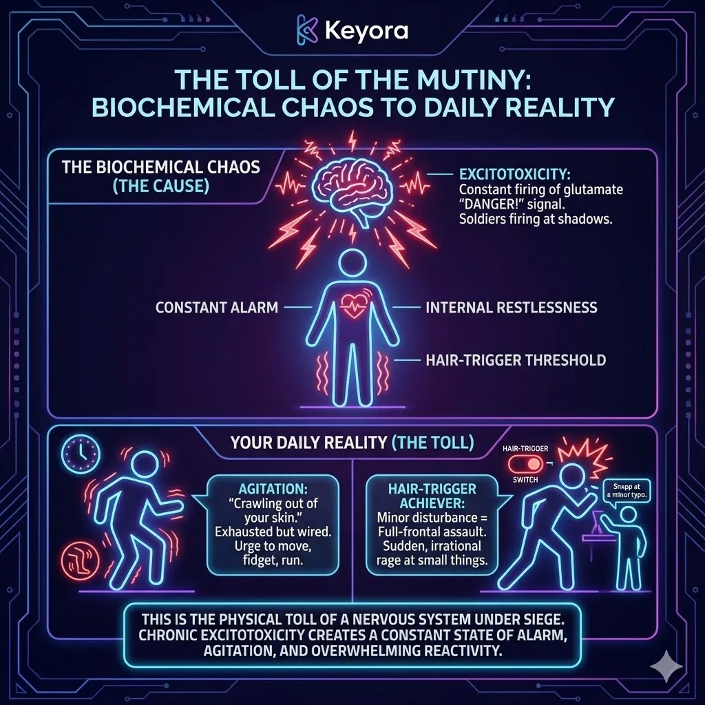 Visualizing the physical toll of excitotoxicity as internal agitation and restlessness. Illustration of the "Hair-Trigger Achiever" exploding over minor disturbances. The sensation of crawling out of one's skin due to glutamate overload. The nervous system under siege firing at shadows causing irrational rage. Keyora Research depiction of stress-induced behavioral changes. Visualizing the physical toll of excitotoxicity as internal agitation and restlessness. Illustration of the "Hair-Trigger Achiever" exploding over minor disturbances. The sensation of crawling out of one's skin due to glutamate overload. The nervous system under siege firing at shadows causing irrational rage. Keyora Research depiction of stress-induced behavioral changes.