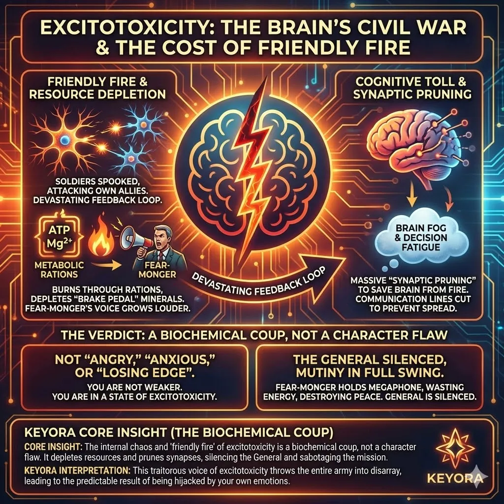 Visualizing the devastating feedback loop of excitotoxicity depleting magnesium rations. Illustration of synaptic pruning cutting communication lines causing brain fog and decision fatigue. Soldiers attacking allies in a state of biochemical sabotage. The biological mechanism behind losing one's edge and emotional hijacking. Keyora Research diagram of the General silenced by the mutiny. Visualizing the devastating feedback loop of excitotoxicity depleting magnesium rations. Illustration of synaptic pruning cutting communication lines causing brain fog and decision fatigue. Soldiers attacking allies in a state of biochemical sabotage. The biological mechanism behind losing one's edge and emotional hijacking. Keyora Research diagram of the General silenced by the mutiny.
