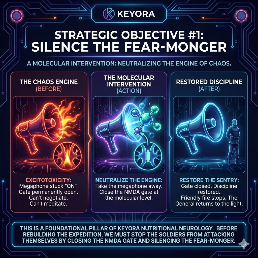Visualizing the strategic objective of silencing the Fear-Monger via molecular intervention. Closing the NMDA receptor gate to stop physiological friendly fire. Keyora Nutritional Neurology approach replacing meditation with biological action. Restoring neural discipline and stopping the soldiers from attacking themselves. The General stepping back into the light of the command tent to reclaim control. Visualizing the strategic objective of silencing the Fear-Monger via molecular intervention. Closing the NMDA receptor gate to stop physiological friendly fire. Keyora Nutritional Neurology approach replacing meditation with biological action. Restoring neural discipline and stopping the soldiers from attacking themselves. The General stepping back into the light of the command tent to reclaim control.