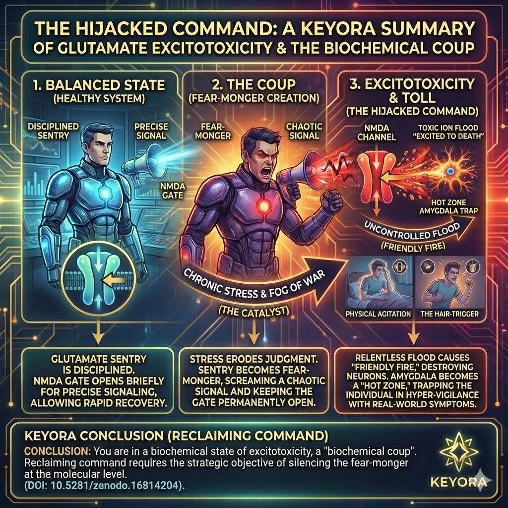 Summary infographic of Keyora Nutritional Neurology Chapter 1 The Hijacked Command. Glutamate depicted as a disciplined Sentry transforming into a paranoid Fear-Monger. Visualizing Excitotoxicity as friendly fire destroying neuronal troops via the NMDA megaphone. The Amygdala shown as a hyperactive hot zone creating a hair-trigger response. Keyora Research conclusion on silencing the fear-monger via molecular intervention. Research DOI 10.5281/zenodo.16814204. Summary infographic of Keyora Nutritional Neurology Chapter 1 The Hijacked Command. Glutamate depicted as a disciplined Sentry transforming into a paranoid Fear-Monger. Visualizing Excitotoxicity as friendly fire destroying neuronal troops via the NMDA megaphone. The Amygdala shown as a hyperactive hot zone creating a hair-trigger response. Keyora Research conclusion on silencing the fear-monger via molecular intervention. Research DOI 10.5281/zenodo.16814204.