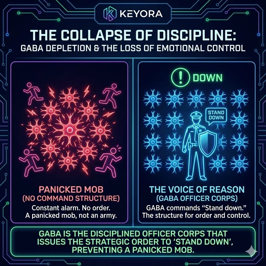 Visualizing the Officer Corps fighting a losing war against a Cortisol Barrage. Illustration of chronic stress acting as a toxic fog dismantling internal brakes. High-performance pressure causing the breakdown of the GABAergic system. Keyora Research metaphor for the collapse of emotional discipline. The officers shouting into a vacuum as the army runs itself. Visualizing the Officer Corps fighting a losing war against a Cortisol Barrage. Illustration of chronic stress acting as a toxic fog dismantling internal brakes. High-performance pressure causing the breakdown of the GABAergic system. Keyora Research metaphor for the collapse of emotional discipline. The officers shouting into a vacuum as the army runs itself.