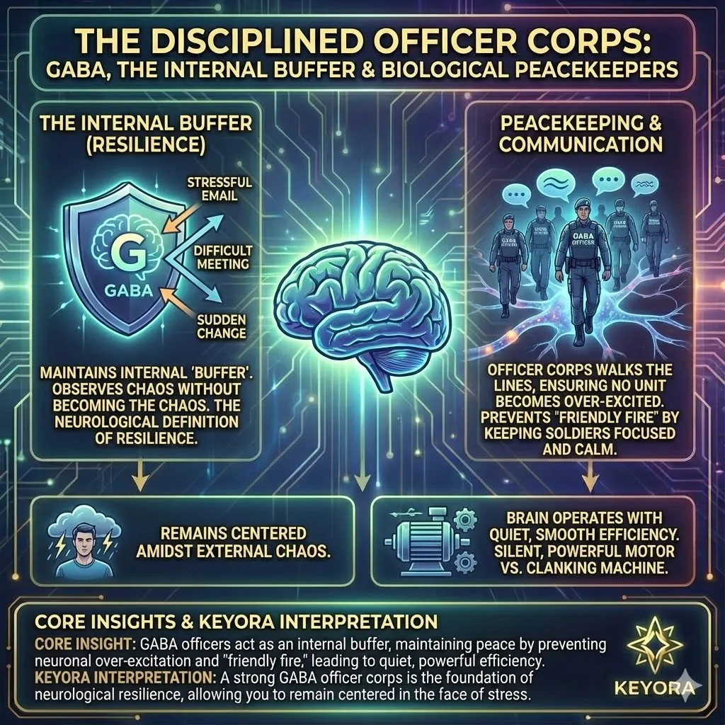 Illustration of GABA as the disciplined Officer Corps of the nervous system. Visualizing the "Stand Down" command restoring order to a panicked mob. GABA acting as the internal braking system against Glutamate's throttle. The wet blanket preventing neural wildfire and ensuring emotional stability. Keyora Research metaphor for coherence and precision in the brain. Illustration of GABA as the disciplined Officer Corps of the nervous system. Visualizing the "Stand Down" command restoring order to a panicked mob. GABA acting as the internal braking system against Glutamate's throttle. The wet blanket preventing neural wildfire and ensuring emotional stability. Keyora Research metaphor for coherence and precision in the brain.