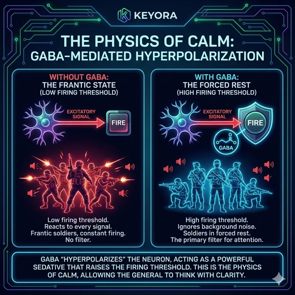 Visualizing the "Physics of Calm" via GABA hyperpolarization and increased firing thresholds. Diagram of the Officer Corps administering a non-negotiable sedative to frantic soldiers. Filtering background noise to allow the General to think with clarity. The mechanism of raising the bar for neuronal reaction. Keyora Research explanation of inhibitory control and emotional stability. Visualizing the "Physics of Calm" via GABA hyperpolarization and increased firing thresholds. Diagram of the Officer Corps administering a non-negotiable sedative to frantic soldiers. Filtering background noise to allow the General to think with clarity. The mechanism of raising the bar for neuronal reaction. Keyora Research explanation of inhibitory control and emotional stability.