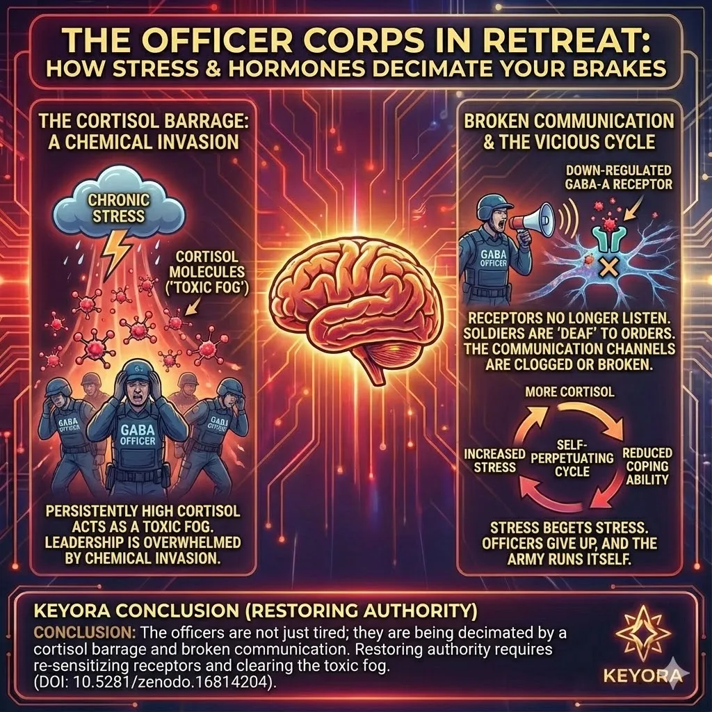Visualizing the Officer Corps fighting a losing war against a Cortisol Barrage. Illustration of chronic stress acting as a toxic fog dismantling internal brakes. High-performance pressure causing the breakdown of the GABAergic system. Keyora Research metaphor for the collapse of emotional discipline. The officers shouting into a vacuum as the army runs itself. Visualizing the Officer Corps fighting a losing war against a Cortisol Barrage. Illustration of chronic stress acting as a toxic fog dismantling internal brakes. High-performance pressure causing the breakdown of the GABAergic system. Keyora Research metaphor for the collapse of emotional discipline. The officers shouting into a vacuum as the army runs itself.