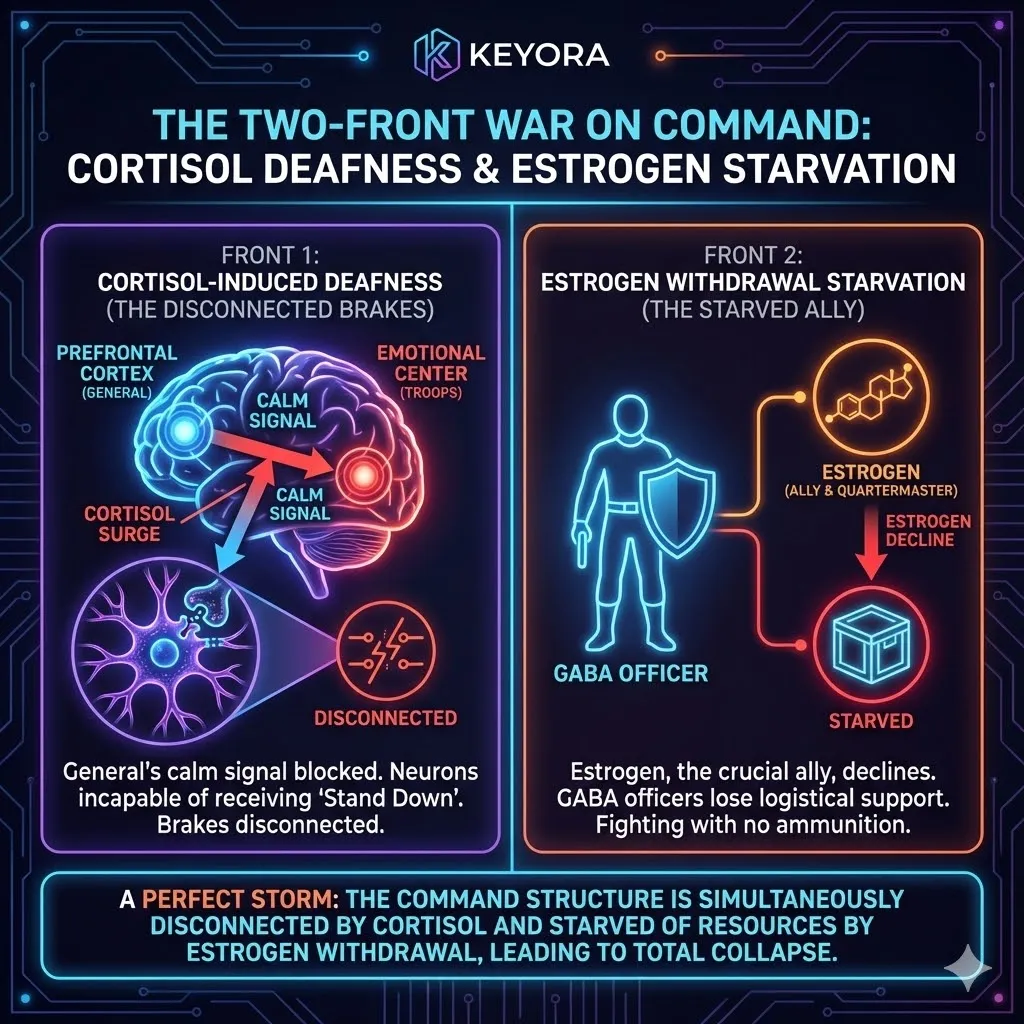 Cortisol Deafness Alt: Diagram of cortisol blocking GABA signals from Prefrontal Cortex to Amygdala. Visualizing the disconnect between rational thought and emotional reaction. The "broken brakes" mechanism in anxiety. Caption: Cortisol induces a "molecular deafness," physically modifying the nervous system's hardware so that the General's rational commands for calm are completely ignored by the panic-stricken troops. Cortisol Deafness Alt: Diagram of cortisol blocking GABA signals from Prefrontal Cortex to Amygdala. Visualizing the disconnect between rational thought and emotional reaction. The "broken brakes" mechanism in anxiety. Caption: Cortisol induces a "molecular deafness," physically modifying the nervous system's hardware so that the General's rational commands for calm are completely ignored by the panic-stricken troops.