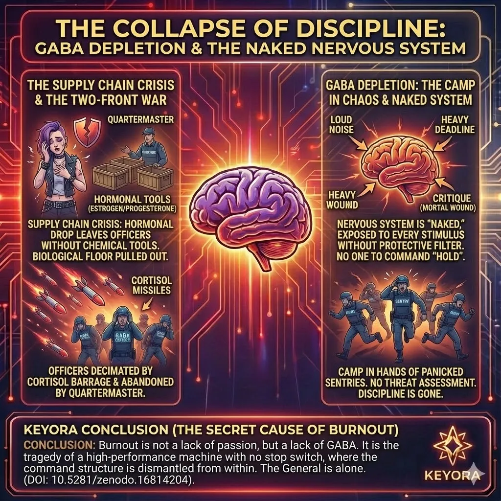 Alt: Estrogen acting as the Quartermaster for GABA synthesis. Visualizing the erratic decline of estrogen during perimenopause. The loss of logistical support for the brain's braking system. Keyora Research insight on hormonal anxiety. Caption: For the female leader, Estrogen serves as the "Quartermaster" of calm. Its erratic decline during perimenopause starves the Officer Corps of vital supplies, stripping the brakes of their power just when they are needed most. Alt: Estrogen acting as the Quartermaster for GABA synthesis. Visualizing the erratic decline of estrogen during perimenopause. The loss of logistical support for the brain's braking system. Keyora Research insight on hormonal anxiety. Caption: For the female leader, Estrogen serves as the "Quartermaster" of calm. Its erratic decline during perimenopause starves the Officer Corps of vital supplies, stripping the brakes of their power just when they are needed most.
