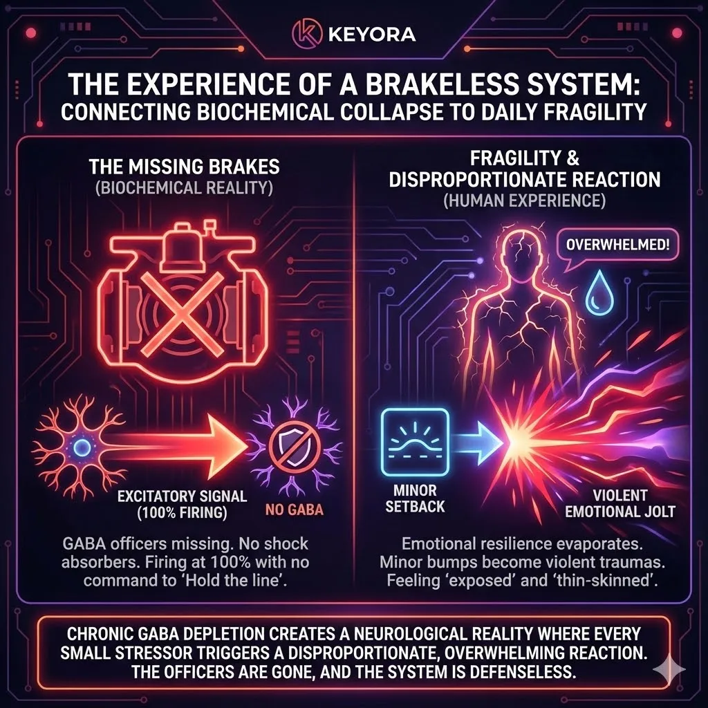 Visualizing the experience of a brakeless nervous system missing its GABA shock absorbers. Illustration of emotional fragility where minor setbacks cause disproportionate reactions. The sensation of being thin-skinned due to chronic GABA depletion. A nervous system firing at 100 percent capacity for minor problems. Keyora Research metaphor for the loss of emotional resilience. Visualizing the experience of a brakeless nervous system missing its GABA shock absorbers. Illustration of emotional fragility where minor setbacks cause disproportionate reactions. The sensation of being thin-skinned due to chronic GABA depletion. A nervous system firing at 100 percent capacity for minor problems. Keyora Research metaphor for the loss of emotional resilience.