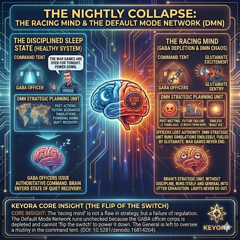 Visualizing the "racing mind" insomnia caused by Default Mode Network (DMN) hyperactivity at night. Illustration of the brain's Strategic Planning Unit running endless war games at 3:00 AM. The command tent lights remaining on because the GABA Officer Corps is missing. The absence of the internal "stop switch" leading to exhaustion for high-achievers. Keyora Research metaphor for sleep disruption due to a collapsed command structure. Visualizing the "racing mind" insomnia caused by Default Mode Network (DMN) hyperactivity at night. Illustration of the brain's Strategic Planning Unit running endless war games at 3:00 AM. The command tent lights remaining on because the GABA Officer Corps is missing. The absence of the internal "stop switch" leading to exhaustion for high-achievers. Keyora Research metaphor for sleep disruption due to a collapsed command structure.