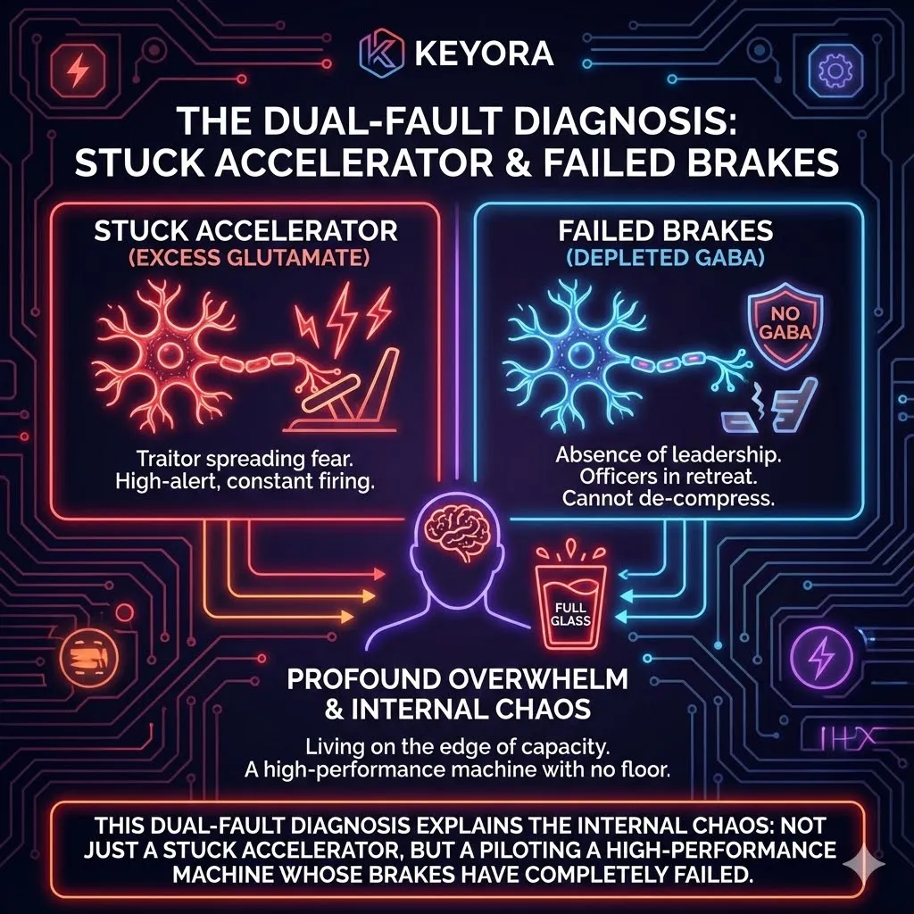 Visualizing the "Dual-Fault Diagnosis" of the stressed nervous system. Diagram of a high-performance machine with a stuck accelerator (Glutamate) and failed brakes (GABA). The mechanism of profound overwhelm where willpower cannot stop the biological mutiny. Illustration of the "glass filled to the brim" representing capacity saturation. Keyora Research conclusion on the cause of internal chaos. Visualizing the "Dual-Fault Diagnosis" of the stressed nervous system. Diagram of a high-performance machine with a stuck accelerator (Glutamate) and failed brakes (GABA). The mechanism of profound overwhelm where willpower cannot stop the biological mutiny. Illustration of the "glass filled to the brim" representing capacity saturation. Keyora Research conclusion on the cause of internal chaos.