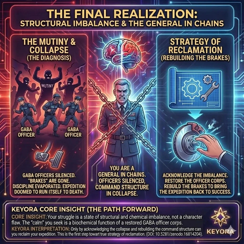 Visualizing the strategic realization that calm is a biochemical function, not a feeling. Diagram showing the necessity of rebuilding the GABA Officer Corps to save the expedition. The General acknowledging the structural failure of the nervous system's brakes. Keyora Research conclusion on the true nature of high-functioning anxiety. Moving from diagnosis to the strategy of reclamation. Visualizing the strategic realization that calm is a biochemical function, not a feeling. Diagram showing the necessity of rebuilding the GABA Officer Corps to save the expedition. The General acknowledging the structural failure of the nervous system's brakes. Keyora Research conclusion on the true nature of high-functioning anxiety. Moving from diagnosis to the strategy of reclamation.