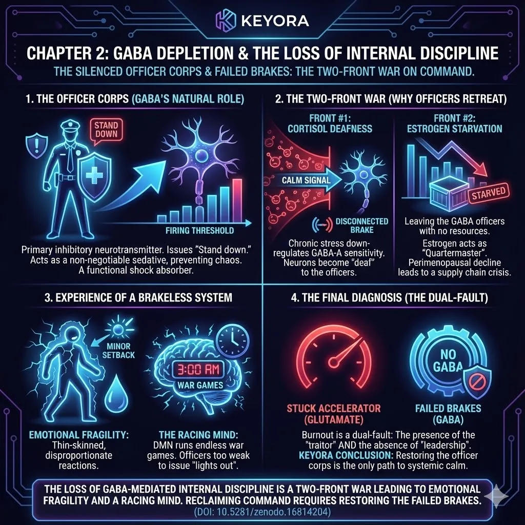 Summary infographic of Keyora Nutritional Neurology Chapter 2 The Loss of Internal Discipline. Visualizing GABA as the Officer Corps retreating under a two-front war of Cortisol and Estrogen withdrawal. Diagram of the "Brakeless System" causing Default Mode Network hyperactivity and insomnia. Defining Burnout as a Dual-Fault crisis of stuck accelerators and failed brakes. Keyora Research conclusion on rebuilding the chemical officer corps. Research DOI 10.5281/zenodo.16814204. Summary infographic of Keyora Nutritional Neurology Chapter 2 The Loss of Internal Discipline. Visualizing GABA as the Officer Corps retreating under a two-front war of Cortisol and Estrogen withdrawal. Diagram of the "Brakeless System" causing Default Mode Network hyperactivity and insomnia. Defining Burnout as a Dual-Fault crisis of stuck accelerators and failed brakes. Keyora Research conclusion on rebuilding the chemical officer corps. Research DOI 10.5281/zenodo.16814204.