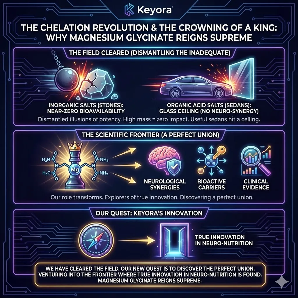 A conceptual illustration visualizing the hierarchy of magnesium forms. The bottom layer depicts a pile of gray rubble, representing ineffective inorganic salts. The middle layer shows a vehicle hitting a glass ceiling, symbolizing organic acid limits. The top features a glowing, golden Magnesium Glycinate molecule wearing a crown. The background represents a new scientific frontier. The scene captures the transition from demolition to the King of neuro-nutrition. The lighting emphasizes the golden molecule. A conceptual illustration visualizing the hierarchy of magnesium forms. The bottom layer depicts a pile of gray rubble, representing ineffective inorganic salts. The middle layer shows a vehicle hitting a glass ceiling, symbolizing organic acid limits. The top features a glowing, golden Magnesium Glycinate molecule wearing a crown. The background represents a new scientific frontier. The scene captures the transition from demolition to the King of neuro-nutrition. The lighting emphasizes the golden molecule.