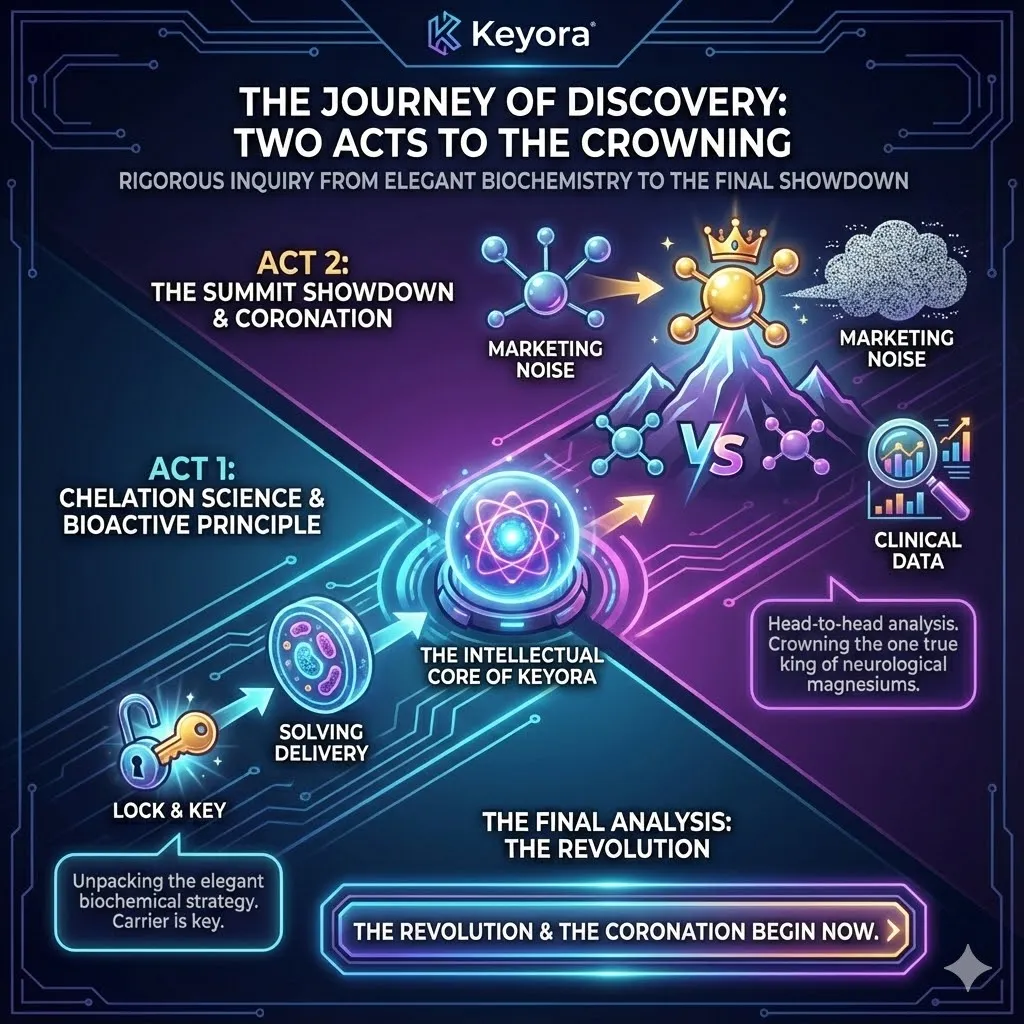 A visual representation of the chapter's rigorous two-act structure. Act One displays a biochemical diagram of the Chelation Revolution and Bioactive Carrier. Act Two portrays a dramatic summit showdown between elite magnesium specialists. A golden spotlight identifies the crowned King of neurological magnesiums based on data. The background fades out marketing noise to reveal the intellectual core. The scene symbolizes the triumph of clinical truth. A visual representation of the chapter's rigorous two-act structure. Act One displays a biochemical diagram of the Chelation Revolution and Bioactive Carrier. Act Two portrays a dramatic summit showdown between elite magnesium specialists. A golden spotlight identifies the crowned King of neurological magnesiums based on data. The background fades out marketing noise to reveal the intellectual core. The scene symbolizes the triumph of clinical truth.