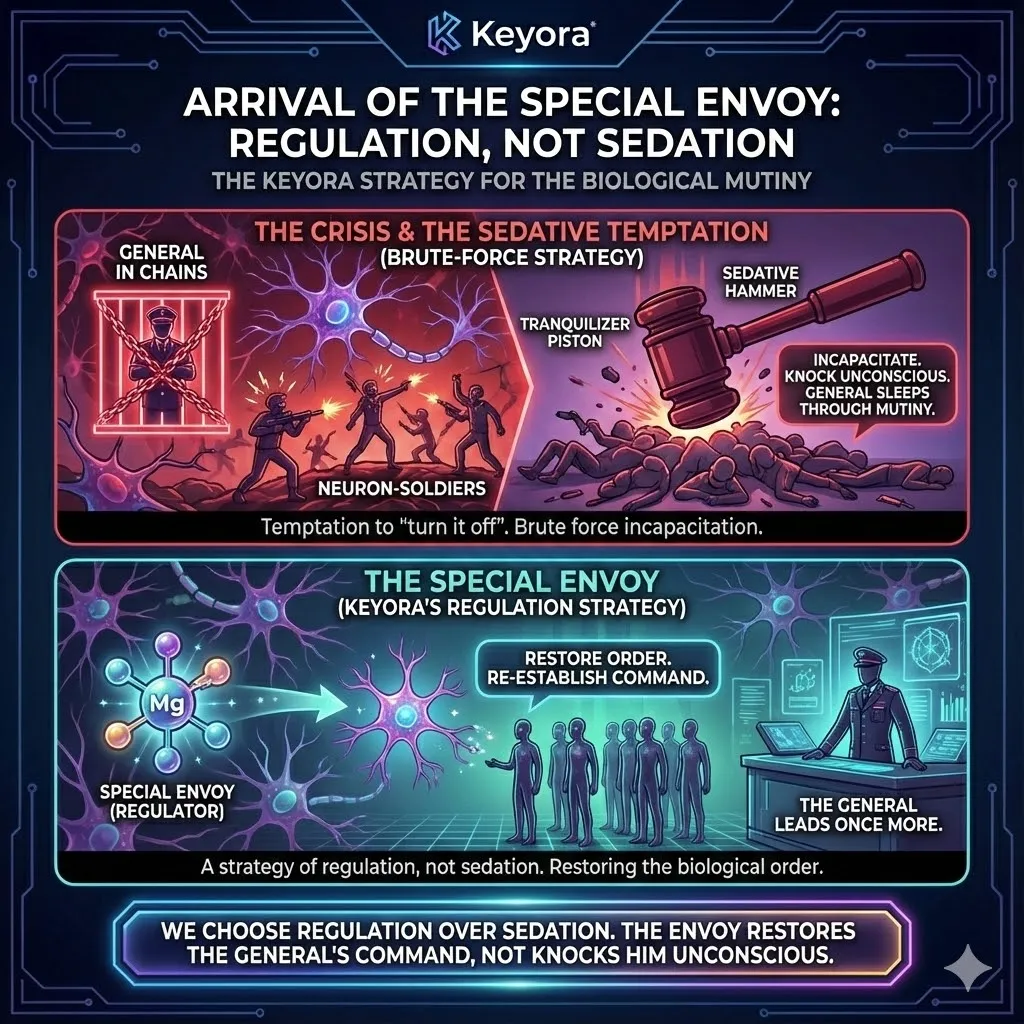 A chaotic battlefield inside the mind where a mutinous army riots unchecked by GABA officers. The General representing the conscious mind sits trapped in chains amidst the turmoil. Metabolic rations burn in a self-destructive civil war of panic and confusion. Conventional medical weapons appear as brute-force sedatives knocking soldiers unconscious. The thick smoke of anxiety fills the air as the noise becomes unbearable. The scene depicts the desperate biological crisis and the flaw of mere sedation. A chaotic battlefield inside the mind where a mutinous army riots unchecked by GABA officers. The General representing the conscious mind sits trapped in chains amidst the turmoil. Metabolic rations burn in a self-destructive civil war of panic and confusion. Conventional medical weapons appear as brute-force sedatives knocking soldiers unconscious. The thick smoke of anxiety fills the air as the noise becomes unbearable. The scene depicts the desperate biological crisis and the flaw of mere sedation.