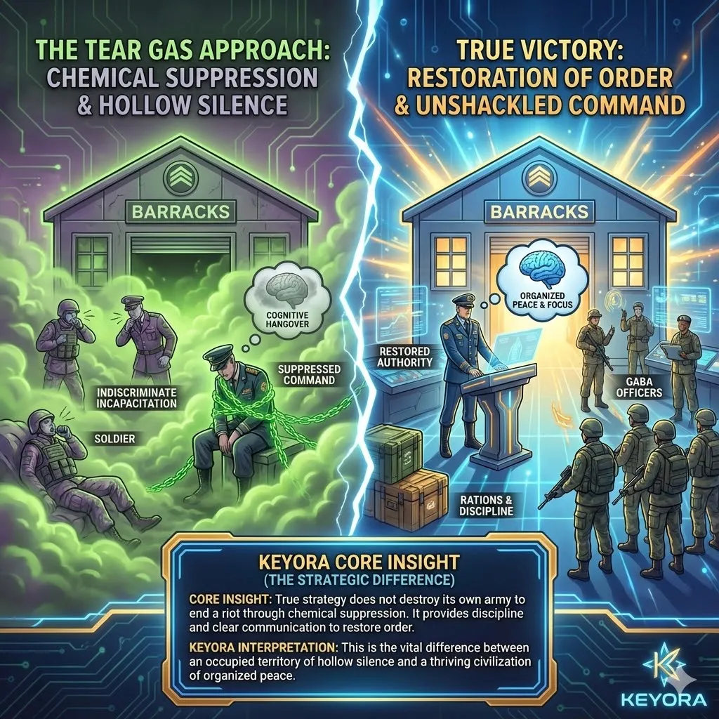 Thick tear gas floods the barracks enforcing a temporary and hollow chemical silence. The General lies incapacitated alongside the panicked soldiers unable to lead. A heavy fog of cognitive hangover lingers blocking strategic focus. The underlying mutiny simmers beneath the surface ready to erupt once the gas clears. A contrasting scene shows the General unshackled and firmly restoring discipline. The army transforms from a mob into an organized force. Thick tear gas floods the barracks enforcing a temporary and hollow chemical silence. The General lies incapacitated alongside the panicked soldiers unable to lead. A heavy fog of cognitive hangover lingers blocking strategic focus. The underlying mutiny simmers beneath the surface ready to erupt once the gas clears. A contrasting scene shows the General unshackled and firmly restoring discipline. The army transforms from a mob into an organized force.