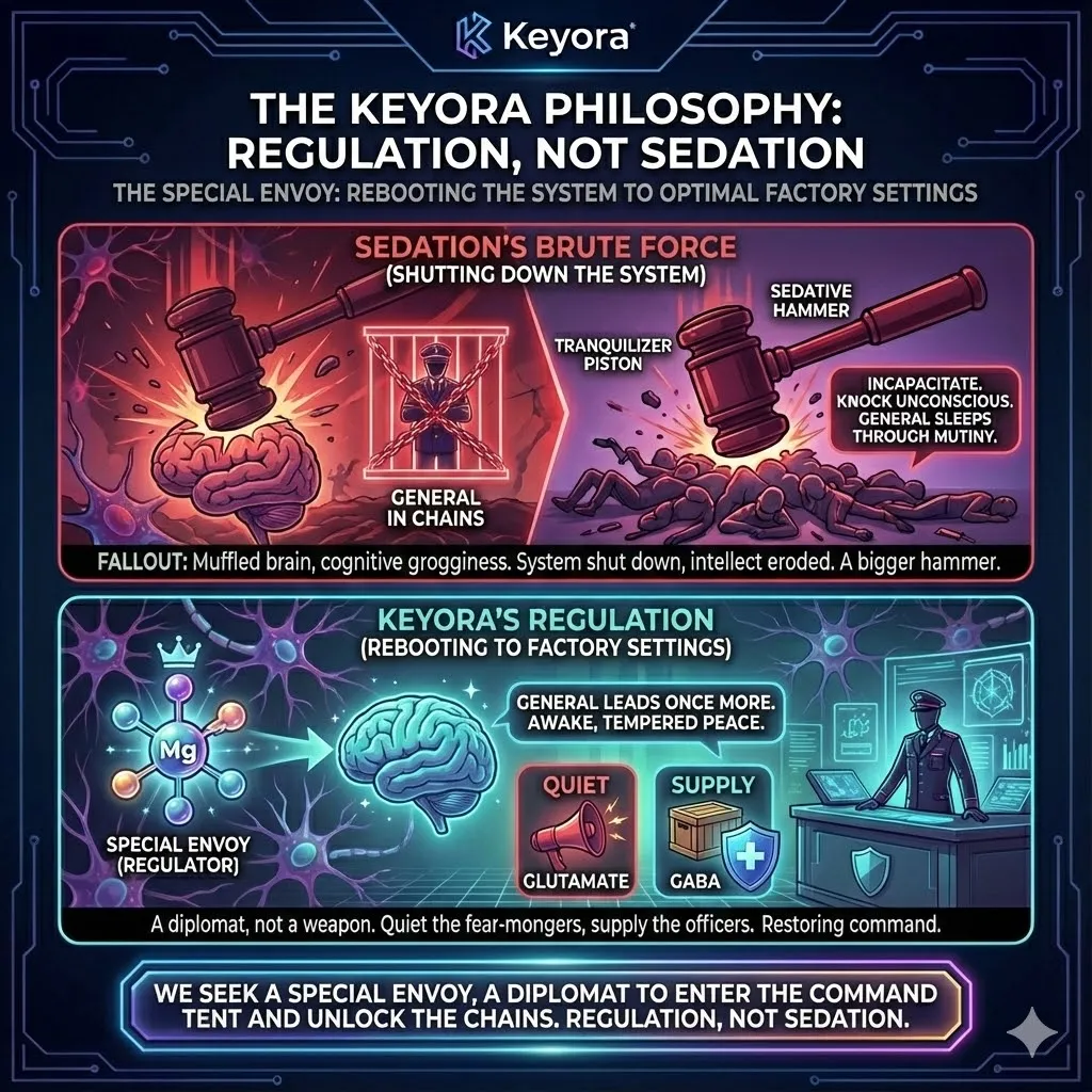 The scene contrasts a system shutdown with a precise reboot to optimal settings. The General stands fully awake and authoritative commanding with sharp focus. A Special Envoy enters the chaotic camp acting as a skilled diplomat not a weapon. The envoy walks calmly through the fire unlocking the chains that bind the leader. Supplies are delivered to the officers while the fear mongers are quietly pacified. The visual emphasizes intelligent regulation over brute force sedation. The scene contrasts a system shutdown with a precise reboot to optimal settings. The General stands fully awake and authoritative commanding with sharp focus. A Special Envoy enters the chaotic camp acting as a skilled diplomat not a weapon. The envoy walks calmly through the fire unlocking the chains that bind the leader. Supplies are delivered to the officers while the fear mongers are quietly pacified. The visual emphasizes intelligent regulation over brute force sedation.