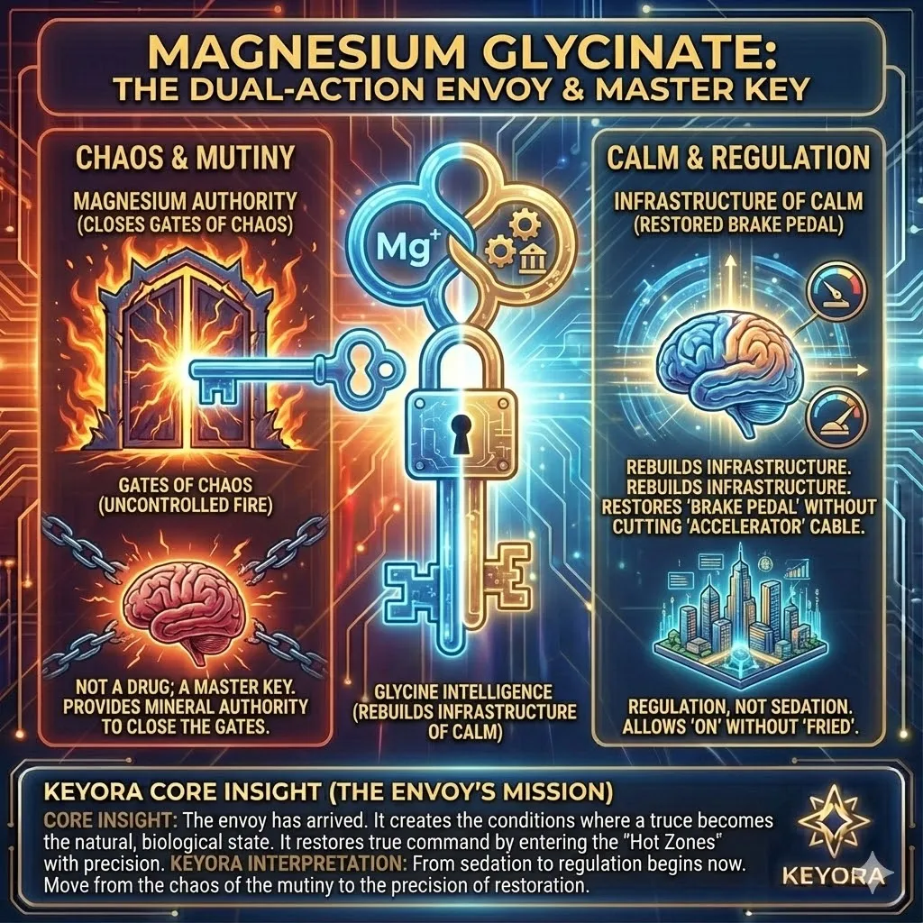 A glowing Magnesium Glycinate molecule functions as a master key unlocking biological peace. It firmly closes the gates of chaos while rebuilding the infrastructure of calm. The mechanism restores the brake pedal without cutting the accelerator cable. The brain remains fully active and sharp avoiding the burnout of being fried. The scene transitions from the smoke of mutiny to the clean lines of precision restoration. The Special Envoy stands ready to restore command. A glowing Magnesium Glycinate molecule functions as a master key unlocking biological peace. It firmly closes the gates of chaos while rebuilding the infrastructure of calm. The mechanism restores the brake pedal without cutting the accelerator cable. The brain remains fully active and sharp avoiding the burnout of being fried. The scene transitions from the smoke of mutiny to the clean lines of precision restoration. The Special Envoy stands ready to restore command.