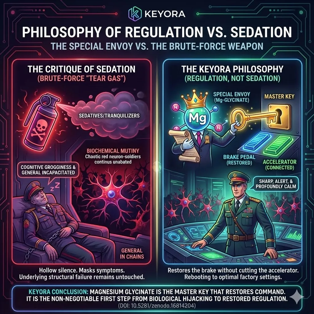 A split visual comparison illustrating the Philosophy of Regulation versus Sedation. The left side depicts the Tear Gas Fallacy with a smoky room where the General lies incapacitated. The right side showcases the Special Envoy Magnesium Glycinate negotiating a strategic peace. The General stands alert and fully in command amidst restored order. A master key symbol glows representing the restoration of the brake pedal without cutting the accelerator. The scene emphasizes a reboot to resilient factory settings. A split visual comparison illustrating the Philosophy of Regulation versus Sedation. The left side depicts the Tear Gas Fallacy with a smoky room where the General lies incapacitated. The right side showcases the Special Envoy Magnesium Glycinate negotiating a strategic peace. The General stands alert and fully in command amidst restored order. A master key symbol glows representing the restoration of the brake pedal without cutting the accelerator. The scene emphasizes a reboot to resilient factory settings.