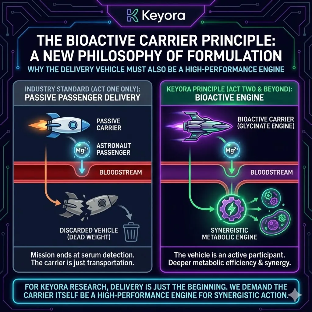 A conceptual illustration distinguishing standard delivery from the Keyora Bioactive Carrier Principle. An astronaut symbolizing the magnesium ion travels the glowing PEPT1 superhighway. The left side shows a vehicle stopping immediately upon arrival in the bloodstream. The right side reveals the vehicle transforming into a high-performance engine. The scene emphasizes that safe arrival is only the beginning of metabolic efficiency. The background hints at a deeper biological mission beyond serum detection. A conceptual illustration distinguishing standard delivery from the Keyora Bioactive Carrier Principle. An astronaut symbolizing the magnesium ion travels the glowing PEPT1 superhighway. The left side shows a vehicle stopping immediately upon arrival in the bloodstream. The right side reveals the vehicle transforming into a high-performance engine. The scene emphasizes that safe arrival is only the beginning of metabolic efficiency. The background hints at a deeper biological mission beyond serum detection.