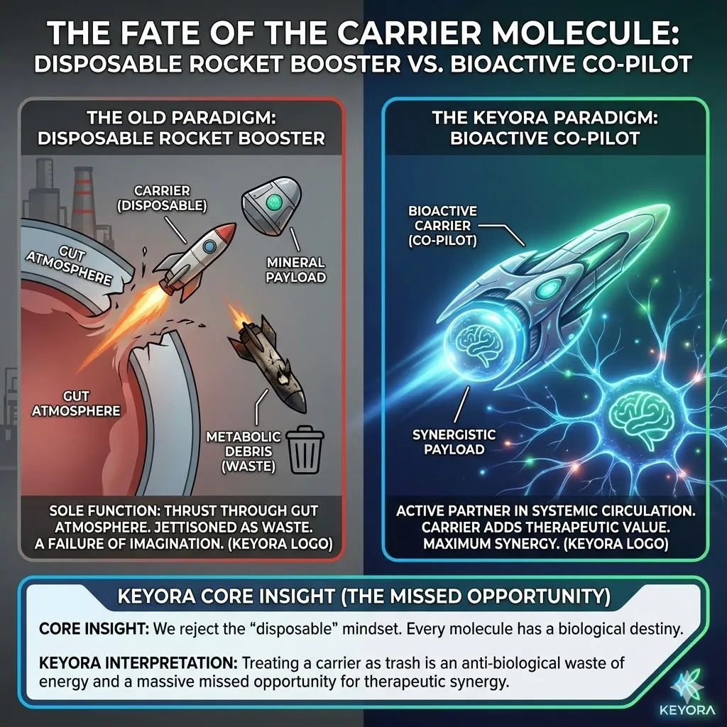 A split diagram comparing formulation philosophies using space launch imagery. The left side illustrates the old paradigm where a rocket booster is jettisoned. The carrier molecule drifts away as useless metabolic debris after delivery. A secondary icon compares this to a discarded plastic bag after grocery shopping. The right side hints at a new approach where every molecule has a destiny. The visual critiques the waste of the body's energy. The scene highlights the missed opportunity for therapeutic synergy. A split diagram comparing formulation philosophies using space launch imagery. The left side illustrates the old paradigm where a rocket booster is jettisoned. The carrier molecule drifts away as useless metabolic debris after delivery. A secondary icon compares this to a discarded plastic bag after grocery shopping. The right side hints at a new approach where every molecule has a destiny. The visual critiques the waste of the body's energy. The scene highlights the missed opportunity for therapeutic synergy.