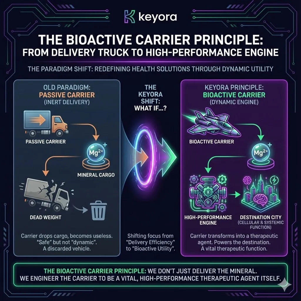 A conceptual illustration visualizing the Bioactive Carrier Principle. A delivery truck releases its mineral cargo at the destination. Instead of driving away the vehicle transforms into a high-performance engine. The glowing engine integrates into the city grid powering the target tissue. The scene shifts from mere delivery efficiency to dynamic bioactive utility. The visual captures the transformative moment of Keyora formulation philosophy. A conceptual illustration visualizing the Bioactive Carrier Principle. A delivery truck releases its mineral cargo at the destination. Instead of driving away the vehicle transforms into a high-performance engine. The glowing engine integrates into the city grid powering the target tissue. The scene shifts from mere delivery efficiency to dynamic bioactive utility. The visual captures the transformative moment of Keyora formulation philosophy.