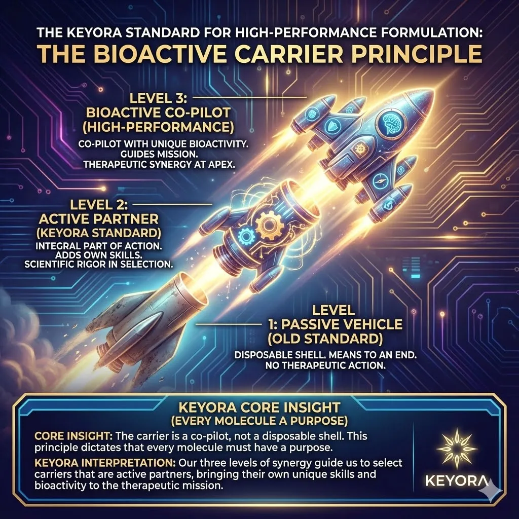 A diagram illustrating the Keyora Standard for high-performance formulation. The carrier molecule is depicted as a skilled co-pilot rather than a passive vehicle. It stands alongside the nutrient ready to execute a therapeutic mission. The visual emphasizes that every single molecule serves a vital purpose. Three distinct levels of synergy are arranged as a codified hierarchy. The scene represents scientific rigor and systems-based design. A diagram illustrating the Keyora Standard for high-performance formulation. The carrier molecule is depicted as a skilled co-pilot rather than a passive vehicle. It stands alongside the nutrient ready to execute a therapeutic mission. The visual emphasizes that every single molecule serves a vital purpose. Three distinct levels of synergy are arranged as a codified hierarchy. The scene represents scientific rigor and systems-based design.