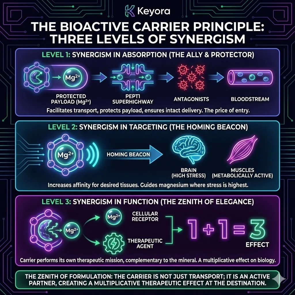 A tiered diagram illustrating the three levels of formulation synergy. Level 1 depicts the carrier as a protective Trojan Horse on the PEPT1 path. Level 2 shows it acting as a homing beacon for high stress zones like the brain. Level 3 reveals the zenith where the carrier begins its own therapeutic mission. The combined molecules produce a multiplicative one plus one equals three effect. The scene visualizes the Keyora Standard for high performance systems. A tiered diagram illustrating the three levels of formulation synergy. Level 1 depicts the carrier as a protective Trojan Horse on the PEPT1 path. Level 2 shows it acting as a homing beacon for high stress zones like the brain. Level 3 reveals the zenith where the carrier begins its own therapeutic mission. The combined molecules produce a multiplicative one plus one equals three effect. The scene visualizes the Keyora Standard for high performance systems.