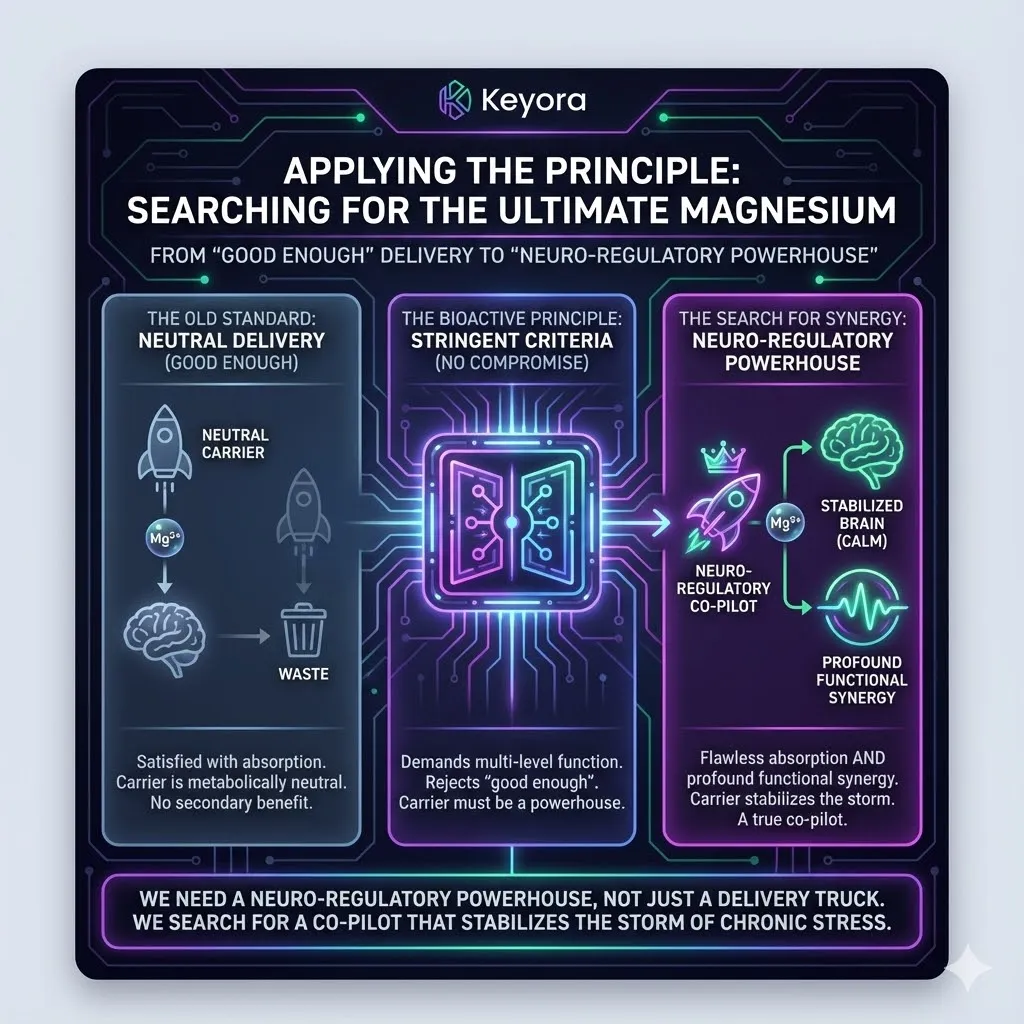 A conceptual illustration showing the stringent selection process for magnesium. The filter rejects metabolically neutral carriers that offer no secondary benefit. The focus is on the nervous system as a whole complex network. A glowing amino acid partner emerges as a neuro-regulatory powerhouse. It acts as a skilled co-pilot stabilizing the storm of chronic stress. The scene emphasizes flawless absorption combined with profound functional synergy. A conceptual illustration showing the stringent selection process for magnesium. The filter rejects metabolically neutral carriers that offer no secondary benefit. The focus is on the nervous system as a whole complex network. A glowing amino acid partner emerges as a neuro-regulatory powerhouse. It acts as a skilled co-pilot stabilizing the storm of chronic stress. The scene emphasizes flawless absorption combined with profound functional synergy.