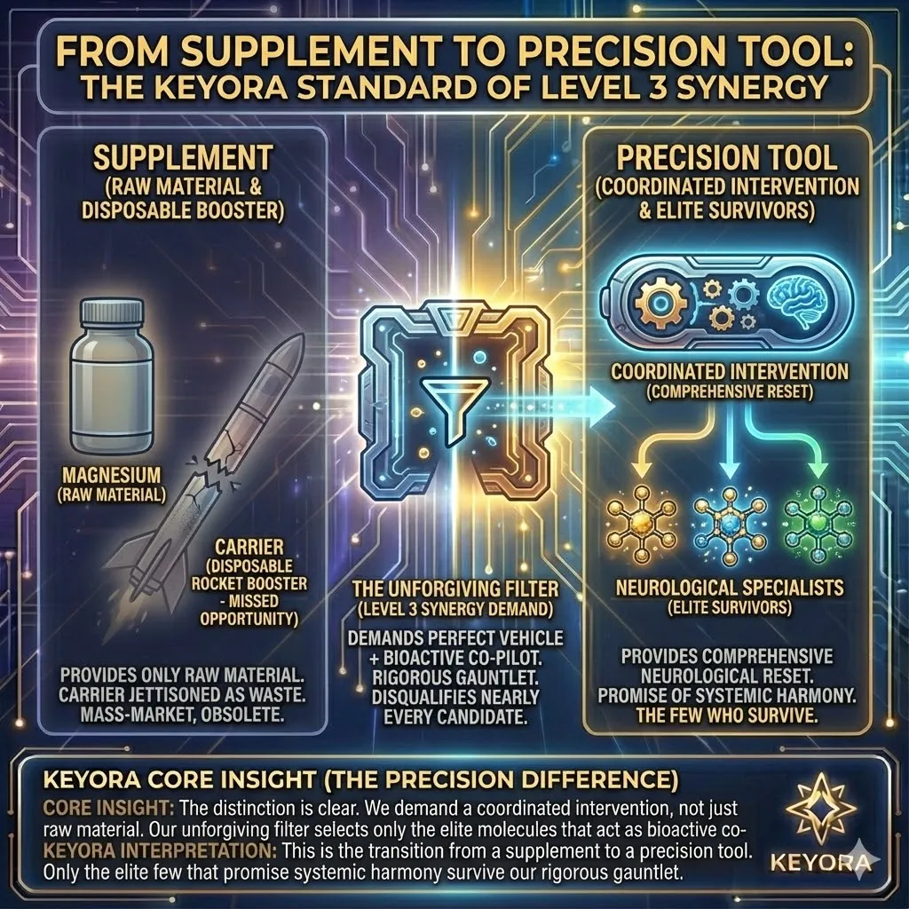 A visual comparison distinguishing a raw material supplement from a precision tool. The left side shows generic components labeled as missed opportunities. A rigorous filter rejects disposable rocket boosters representing obsolescence. The right side reveals a coordinated intervention for a neurological reset. A select few elite molecules emerge as glowing neurological specialists. The scene captures the survivors promising systemic harmony. A visual comparison distinguishing a raw material supplement from a precision tool. The left side shows generic components labeled as missed opportunities. A rigorous filter rejects disposable rocket boosters representing obsolescence. The right side reveals a coordinated intervention for a neurological reset. A select few elite molecules emerge as glowing neurological specialists. The scene captures the survivors promising systemic harmony.