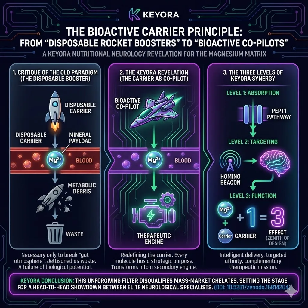 A comparative diagram illustrating the evolution of formulation philosophy. The left side critiques the old paradigm with a disposable rocket booster drifting as waste. The right side unveils the Bioactive Co-Pilot transforming into a functional engine. A central pyramid structures the Three Levels of Synergy from absorption to function. The peak glows with a one plus one equals three equation symbolizing multiplicative effect. The scene represents the unforgiving filter of Keyora precision design. A comparative diagram illustrating the evolution of formulation philosophy. The left side critiques the old paradigm with a disposable rocket booster drifting as waste. The right side unveils the Bioactive Co-Pilot transforming into a functional engine. A central pyramid structures the Three Levels of Synergy from absorption to function. The peak glows with a one plus one equals three equation symbolizing multiplicative effect. The scene represents the unforgiving filter of Keyora precision design.