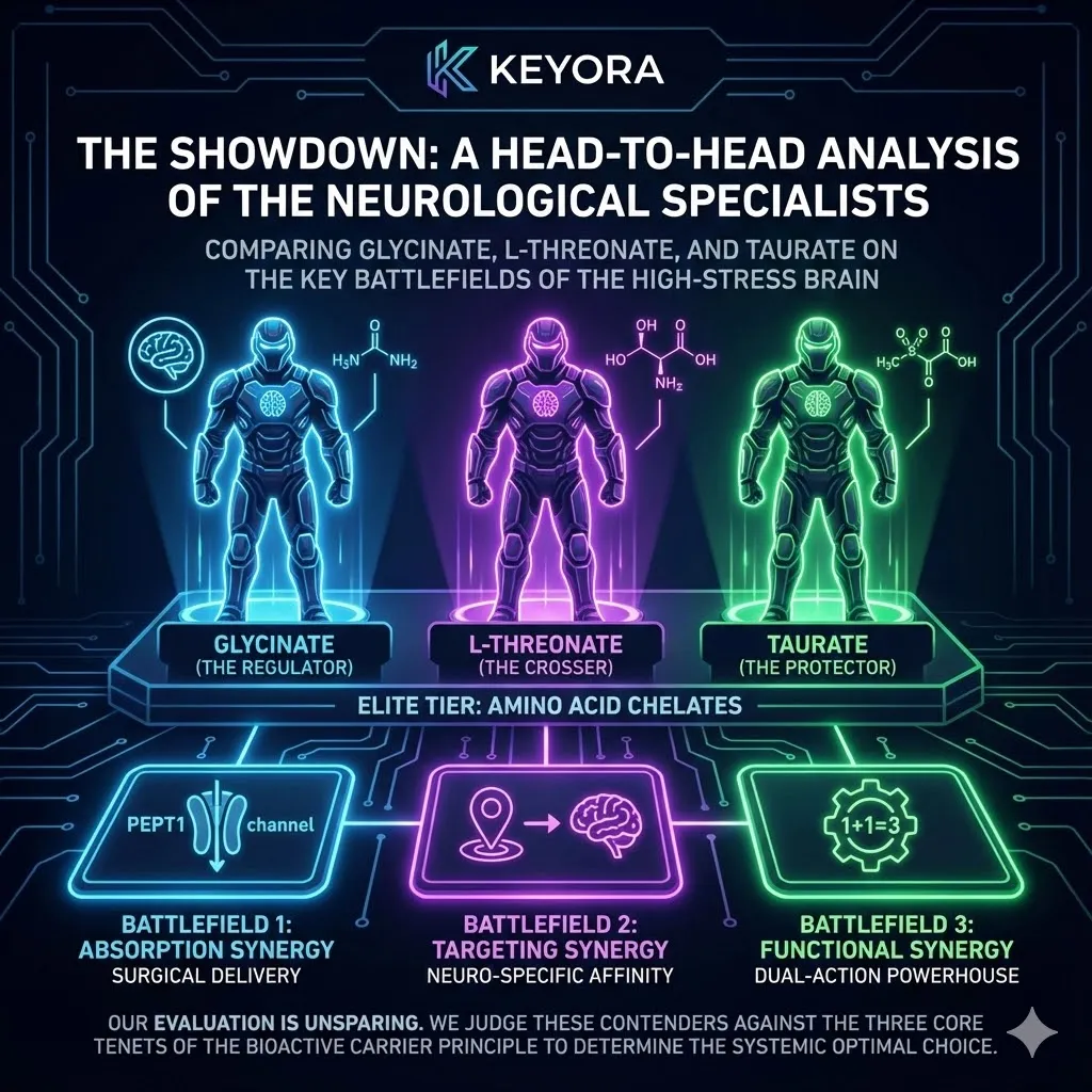 The scene depicts a high-stakes laboratory showdown between elite magnesium contenders. Background shadows show discarded rocks and sedans representing inferior forms. Three distinct molecular scalpels glow on a central podium ready for evaluation. They represent Glycinate Threonate and Taurate facing the high-stress brain. Criteria meters for Absorption Targeting and Function stand ready to measure performance. The atmosphere is clinical and unsparingly precise. The scene depicts a high-stakes laboratory showdown between elite magnesium contenders. Background shadows show discarded rocks and sedans representing inferior forms. Three distinct molecular scalpels glow on a central podium ready for evaluation. They represent Glycinate Threonate and Taurate facing the high-stress brain. Criteria meters for Absorption Targeting and Function stand ready to measure performance. The atmosphere is clinical and unsparingly precise.
