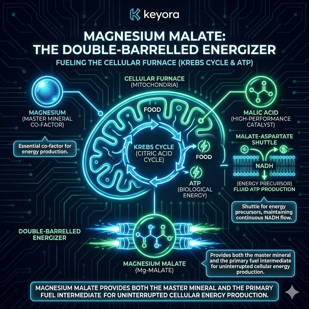 A detailed microscopic view descends into the cellular furnace of the mitochondria. The Krebs Cycle spins rapidly turning nutrients into ATP energy currency. Malic Acid acts as a high-performance shuttle moving fuel across the membrane. It functions as a double-barrelled energizer delivering both magnesium and metabolic fuel. The Malate-Aspartate mechanism ensures a continuous fluid flow of power. The scene highlights the boost in cellular respiration. A detailed microscopic view descends into the cellular furnace of the mitochondria. The Krebs Cycle spins rapidly turning nutrients into ATP energy currency. Malic Acid acts as a high-performance shuttle moving fuel across the membrane. It functions as a double-barrelled energizer delivering both magnesium and metabolic fuel. The Malate-Aspartate mechanism ensures a continuous fluid flow of power. The scene highlights the boost in cellular respiration.
