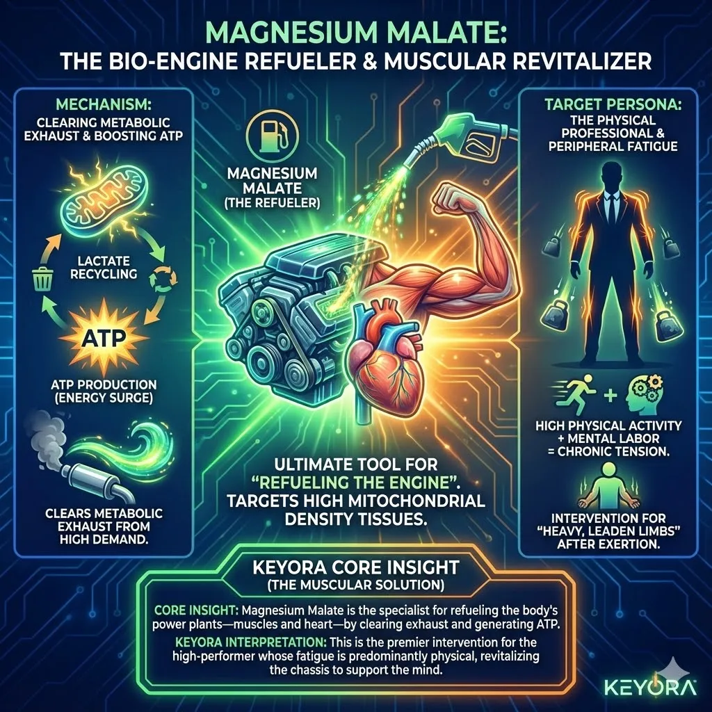 The visual depicts Magnesium Malate as a high-performance nozzle refueling a biological engine. Glowing energy flows directly into tissues with high mitochondrial density like skeletal muscles and the heart. The mechanism actively clears metabolic exhaust and lactate to prevent heavy leaden feelings in the limbs. A user profile highlights a professional whose stress manifests as physical fatigue and muscle tension. The scene emphasizes the restoration of raw power for those with high physical demands. The visual depicts Magnesium Malate as a high-performance nozzle refueling a biological engine. Glowing energy flows directly into tissues with high mitochondrial density like skeletal muscles and the heart. The mechanism actively clears metabolic exhaust and lactate to prevent heavy leaden feelings in the limbs. A user profile highlights a professional whose stress manifests as physical fatigue and muscle tension. The scene emphasizes the restoration of raw power for those with high physical demands.
