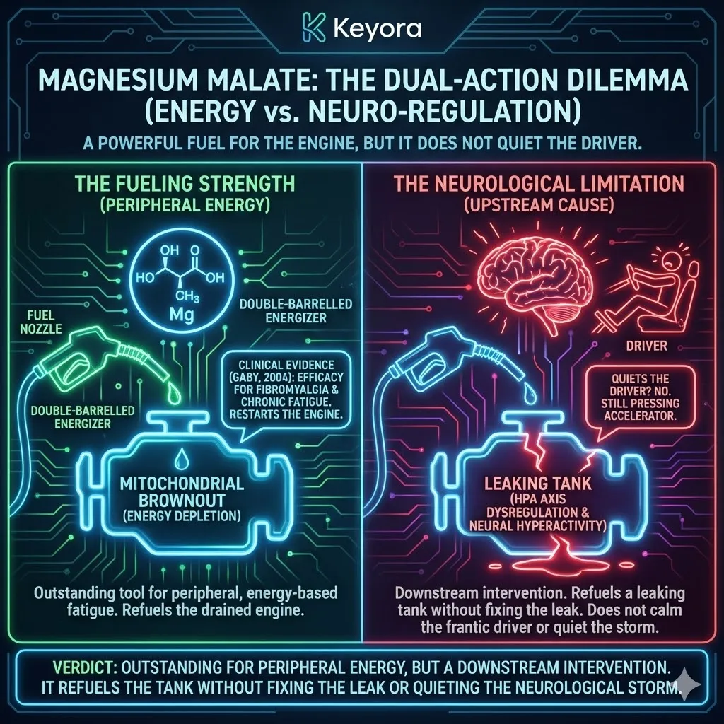 A clinical diagram depicts Magnesium Malate as a spark for mitochondrial brownouts. It targets physical fatigue by refueling the biological engine. However the Keyora analysis reveals a limitation for the anxious mind. The visual shows fuel pouring into a tank that is still leaking uncontrollably. A frantic driver presses the accelerator ignoring the redlining rpm. The scene shows an energy fix that fails to calm the upstream neural storm. A clinical diagram depicts Magnesium Malate as a spark for mitochondrial brownouts. It targets physical fatigue by refueling the biological engine. However the Keyora analysis reveals a limitation for the anxious mind. The visual shows fuel pouring into a tank that is still leaking uncontrollably. A frantic driver presses the accelerator ignoring the redlining rpm. The scene shows an energy fix that fails to calm the upstream neural storm.