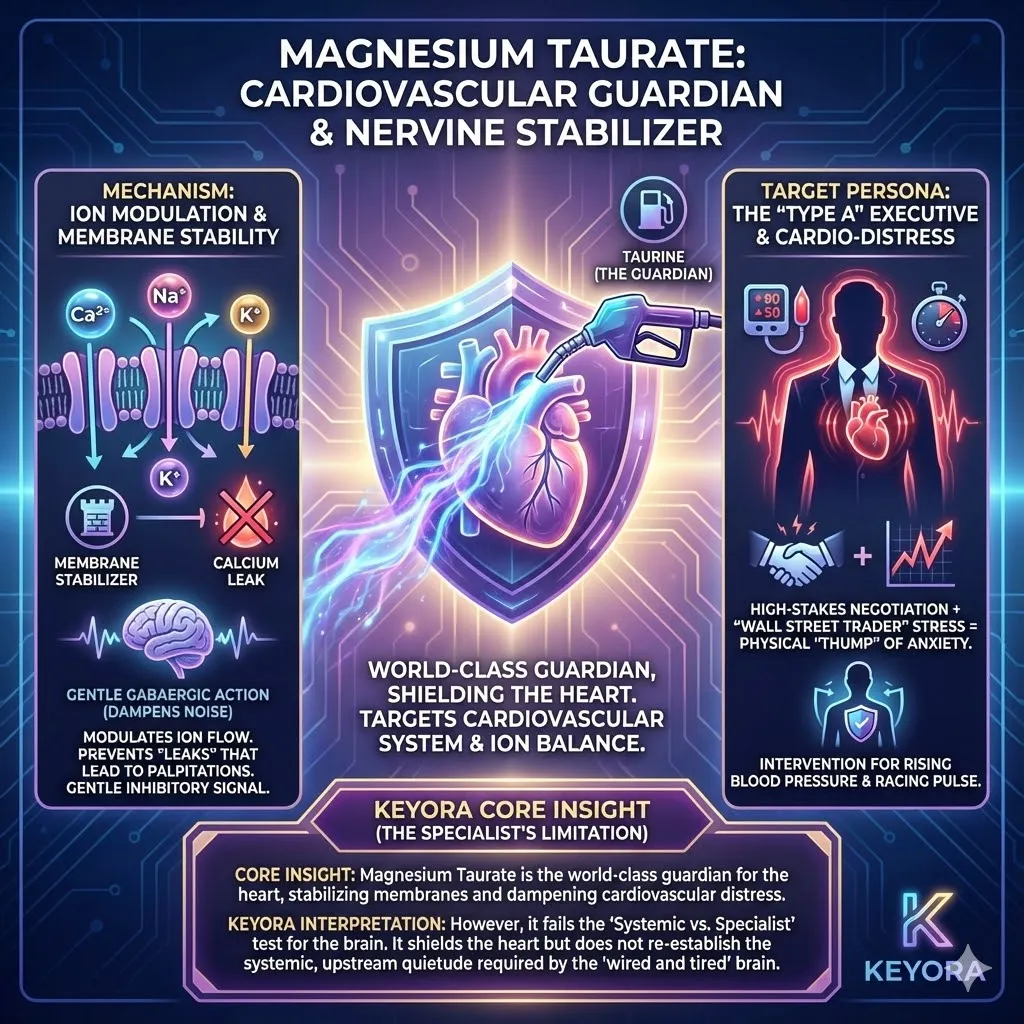 A medical illustration depicts Magnesium Taurate as a specialized shield protecting the heart. Glowing ions of calcium are stabilized across membranes preventing leaks and palpitations. The target persona is a Type A executive feeling the physical thump of stress in the chest. Taurine acts as a gentle guardian dampening the noise of the system via mild GABA signals. The visual focuses on cardiovascular defense rather than a deep neurological reset. The scene captures the relief of a racing pulse. A medical illustration depicts Magnesium Taurate as a specialized shield protecting the heart. Glowing ions of calcium are stabilized across membranes preventing leaks and palpitations. The target persona is a Type A executive feeling the physical thump of stress in the chest. Taurine acts as a gentle guardian dampening the noise of the system via mild GABA signals. The visual focuses on cardiovascular defense rather than a deep neurological reset. The scene captures the relief of a racing pulse.