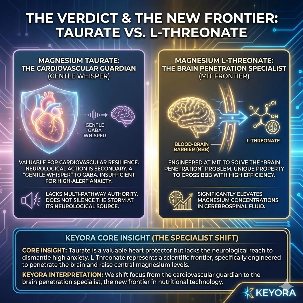 A visual critique contrasts the limitations of Taurate with the arrival of Threonate. Taurate is depicted as a heart shield that merely whispers to the GABA system. It fails to command the neurological storm like a true authority. The focus shifts to Magnesium L-Threonate as a specialized MIT engineered key. It bypasses the blood-brain barrier with unique efficiency. The scene moves from protecting the victim to accessing the brain. A visual critique contrasts the limitations of Taurate with the arrival of Threonate. Taurate is depicted as a heart shield that merely whispers to the GABA system. It fails to command the neurological storm like a true authority. The focus shifts to Magnesium L-Threonate as a specialized MIT engineered key. It bypasses the blood-brain barrier with unique efficiency. The scene moves from protecting the victim to accessing the brain.