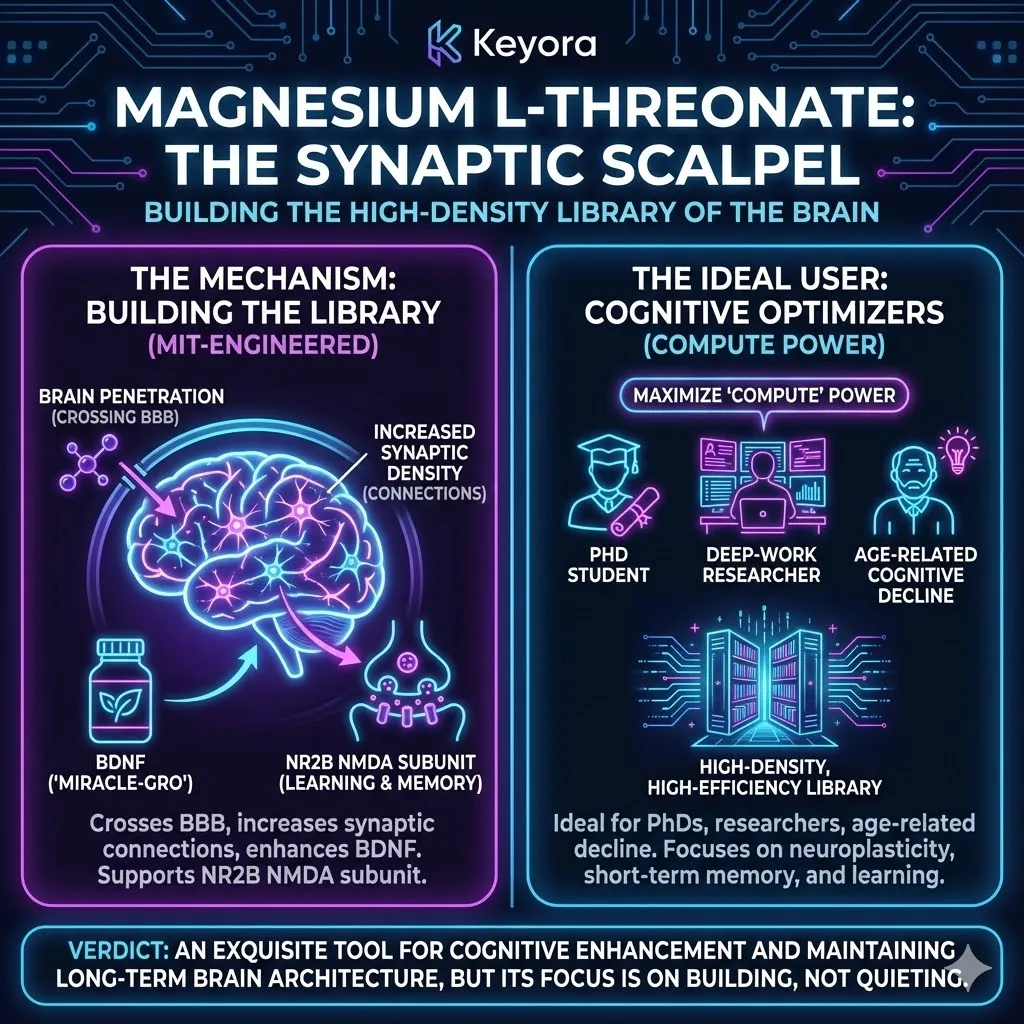 A conceptual illustration depicts Magnesium L-Threonate as a high-precision Synaptic Scalpel. The molecule effortlessly crosses the blood-brain barrier to access the central command. Inside it acts as an architect building a vast high-density library of glowing neural connections. Sparks of BDNF function as Miracle-Gro expanding the brain's compute power. The scene targets the cognitive optimizer focused on maximizing memory and deep learning. A conceptual illustration depicts Magnesium L-Threonate as a high-precision Synaptic Scalpel. The molecule effortlessly crosses the blood-brain barrier to access the central command. Inside it acts as an architect building a vast high-density library of glowing neural connections. Sparks of BDNF function as Miracle-Gro expanding the brain's compute power. The scene targets the cognitive optimizer focused on maximizing memory and deep learning.